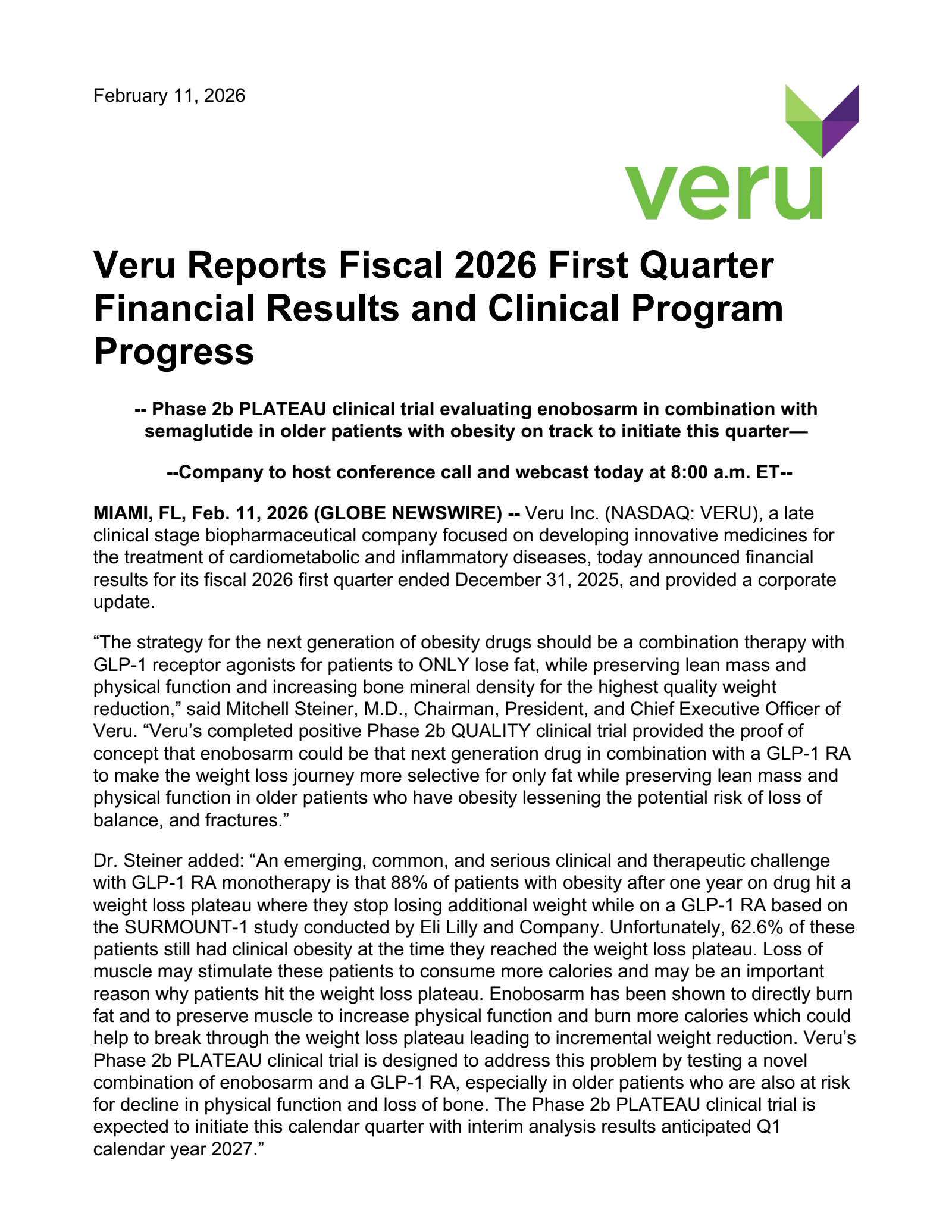 Veru's Q1 2026 Interim report
