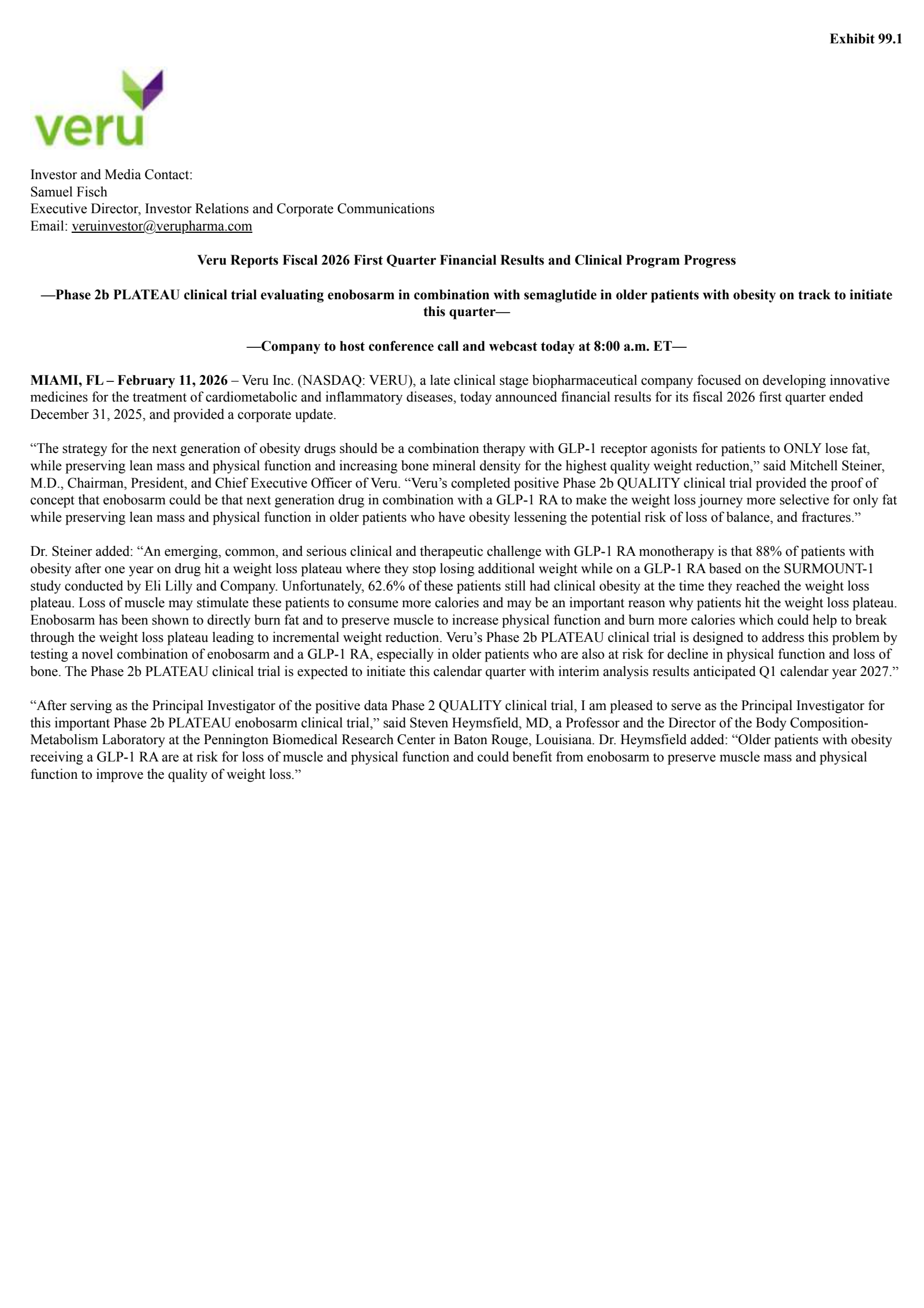 Veru's Q1 2026 Press Release