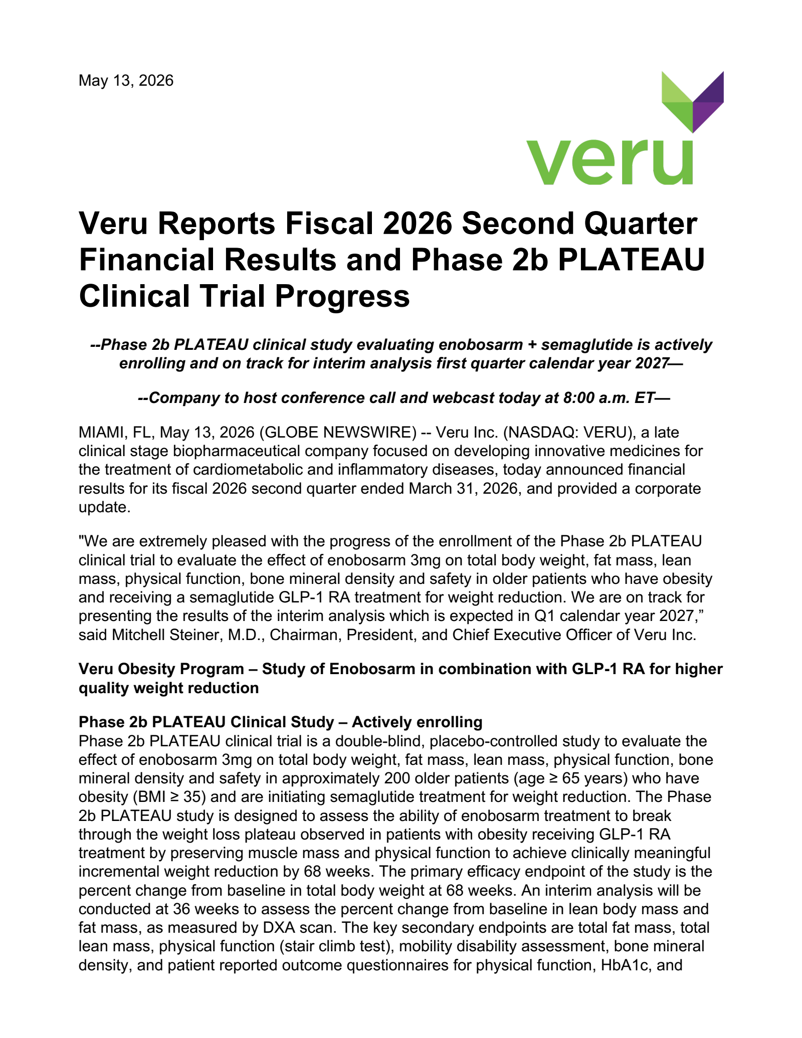 Veru's Q2 2026 Press Release