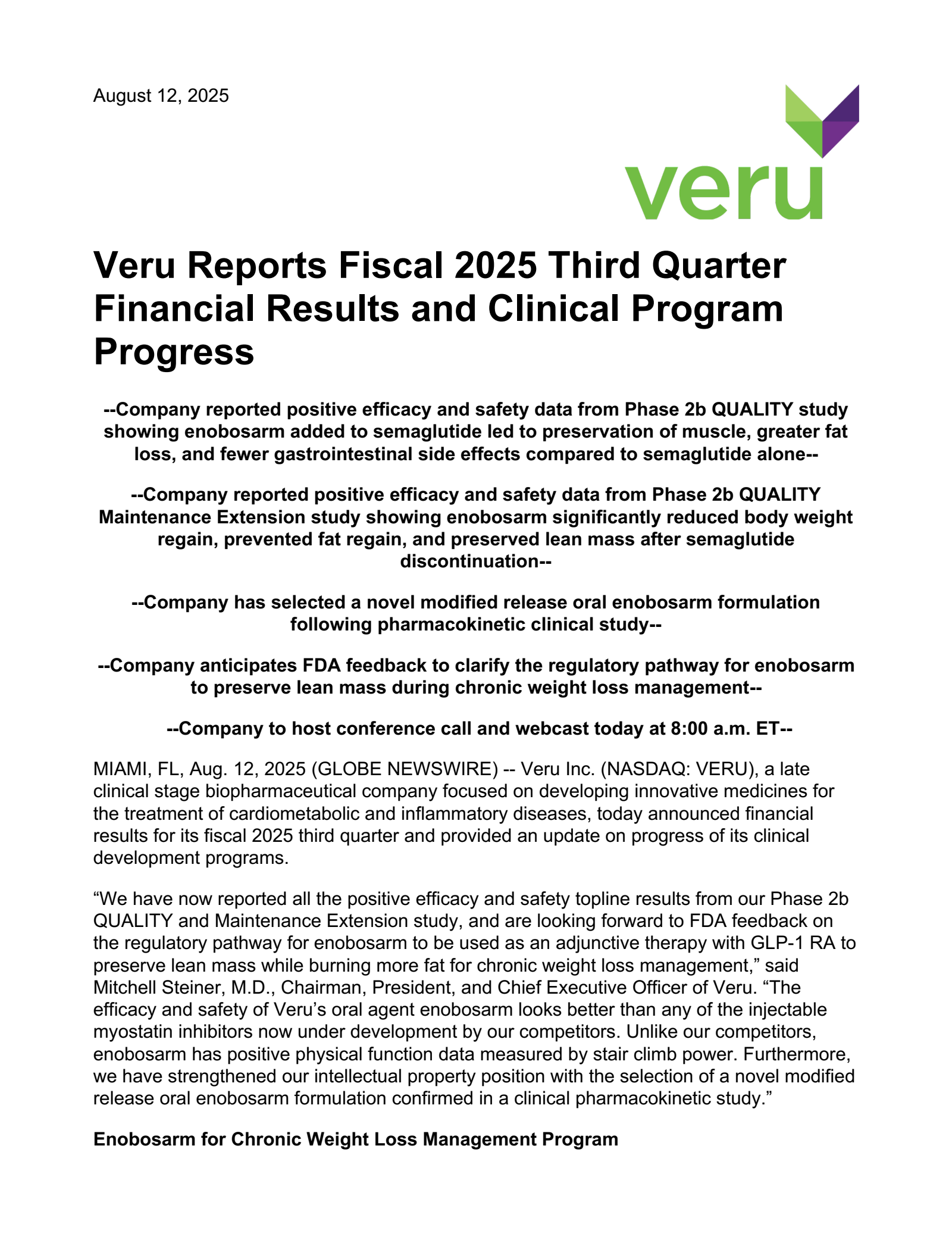 Veru's Q3 2025 Press Release