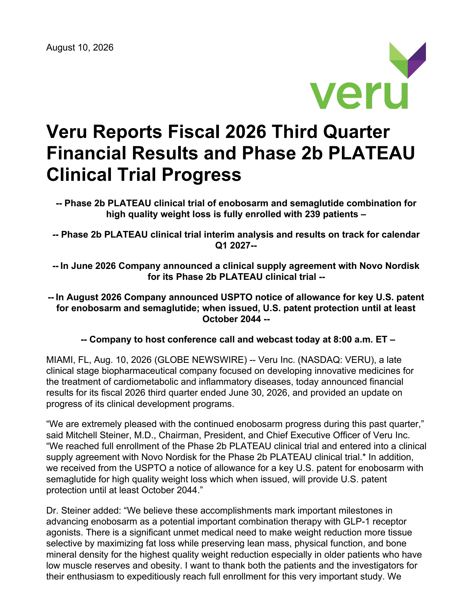 Veru's Q3 2026 Press Release
