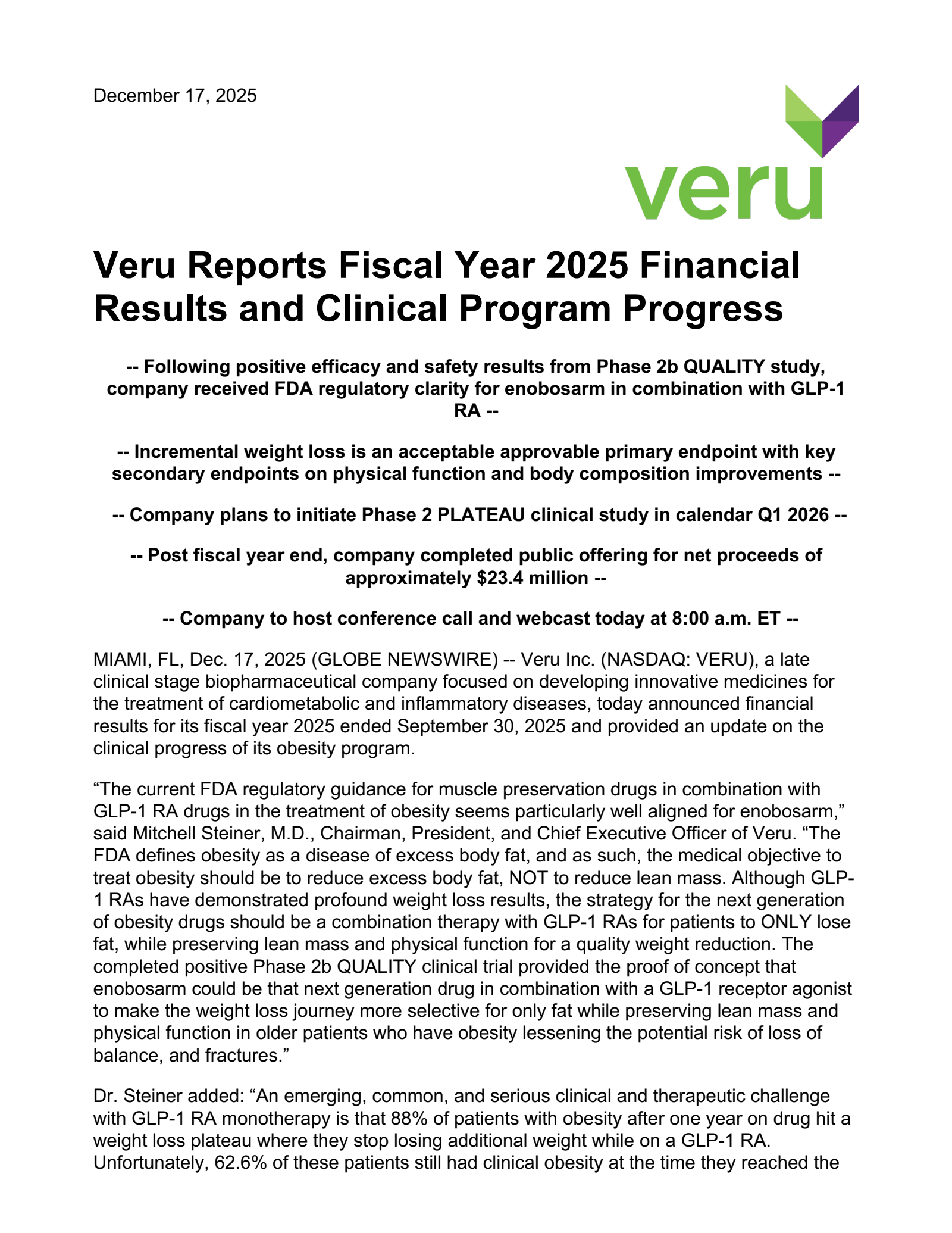 Veru's Q4 2025 Earnings Release