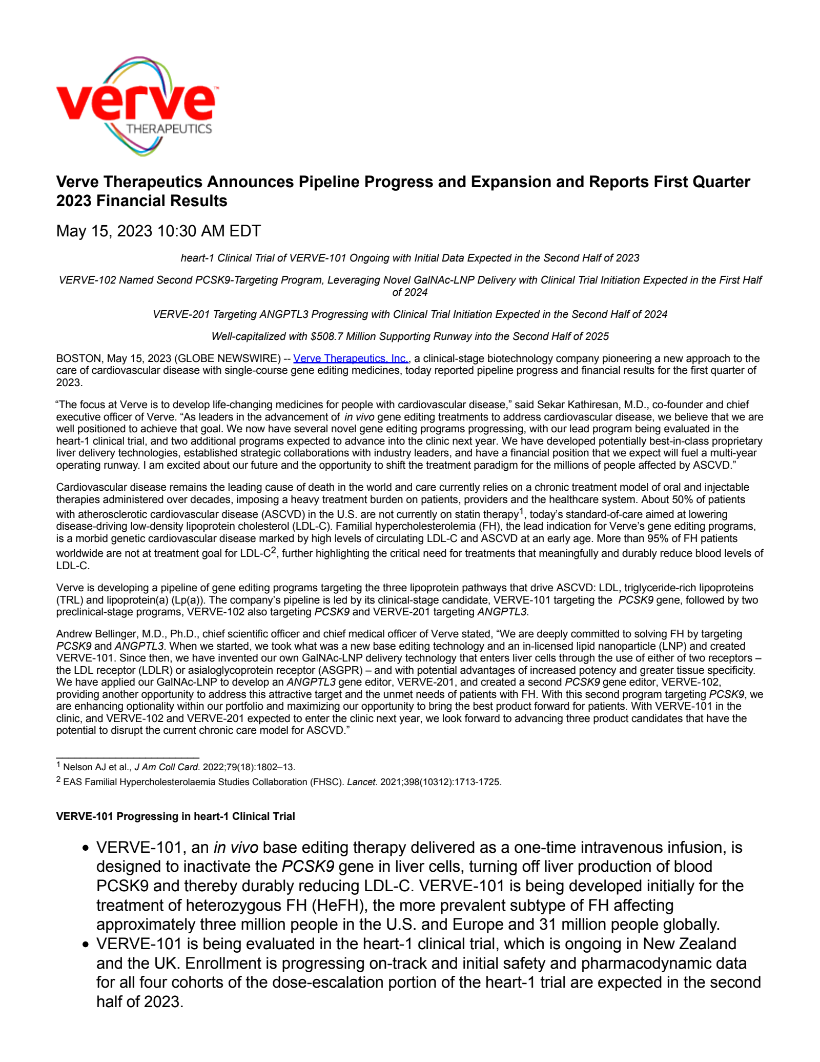 Verve Therapeutics' Q1 2023 Press Release
