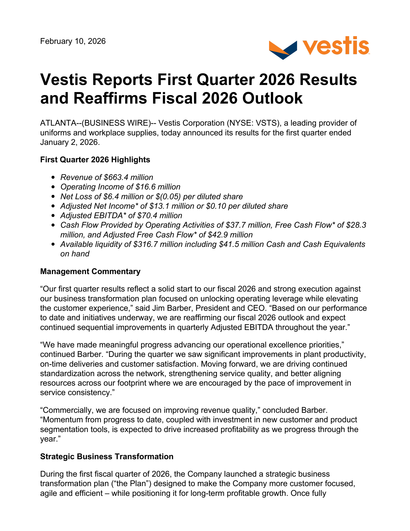 Vestis' Q1 2026 Press Release