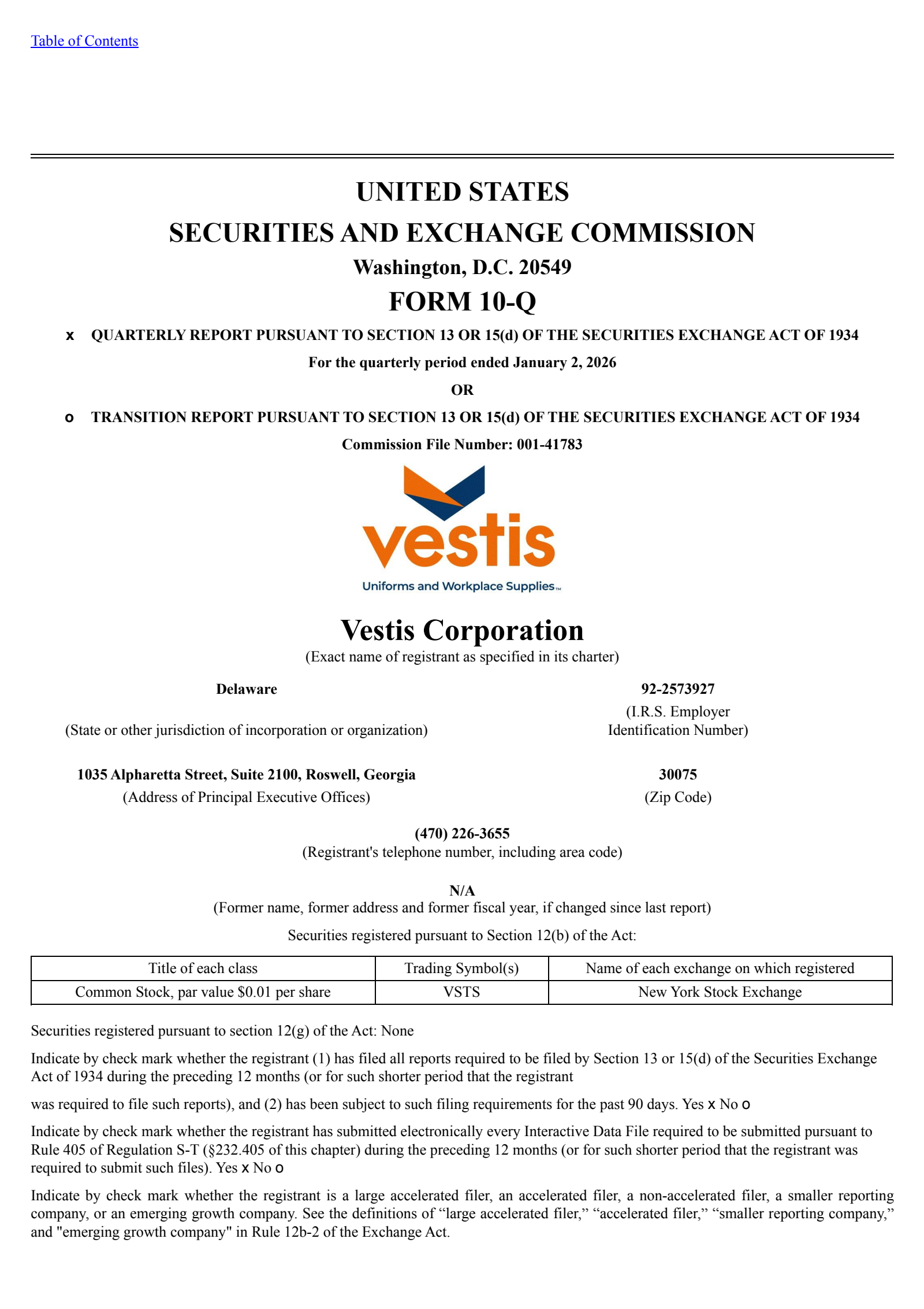 Vestis' Q1 2026 Quarterly report