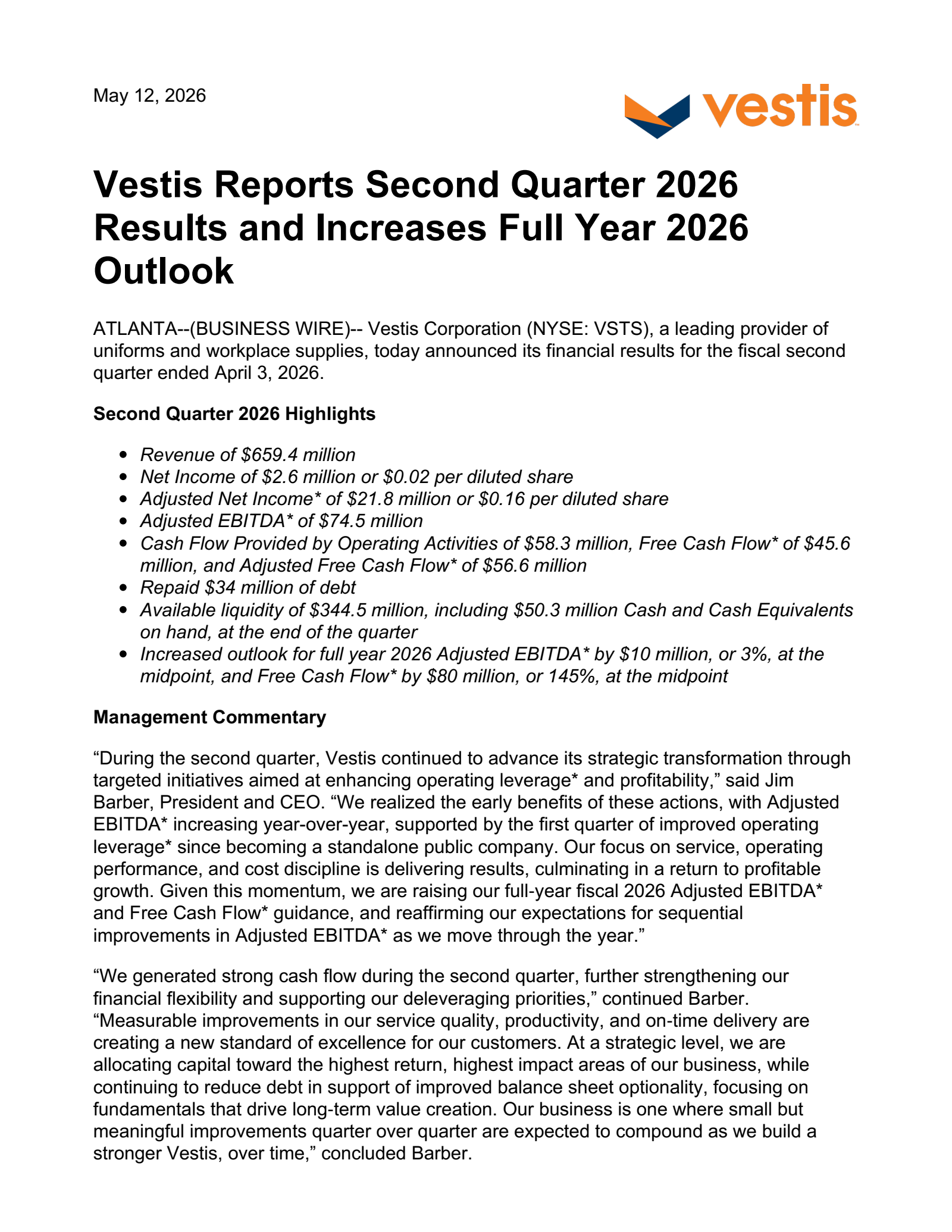Vestis' Q2 2026 Press Release