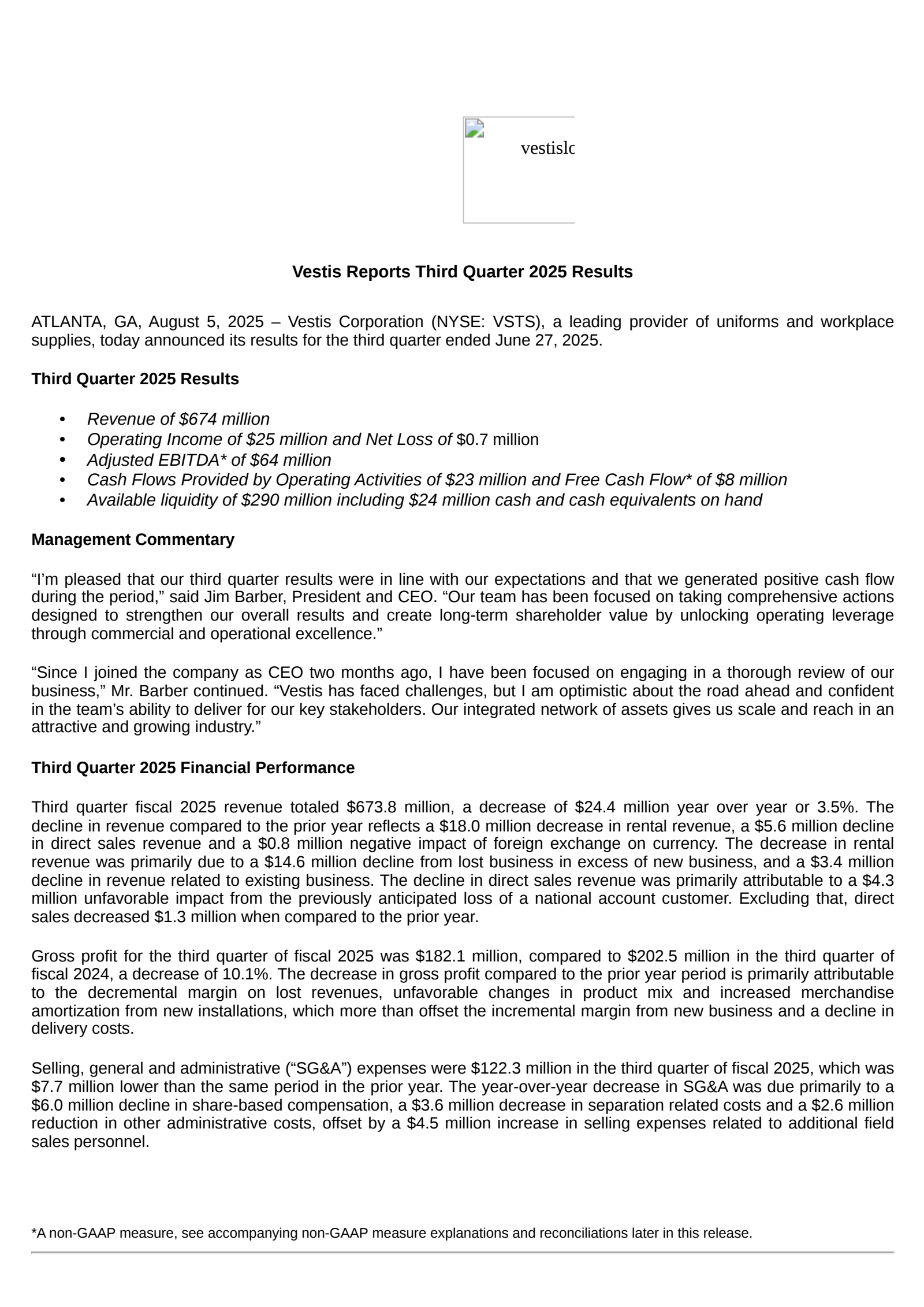 Vestis' Q3 2025 Press Release