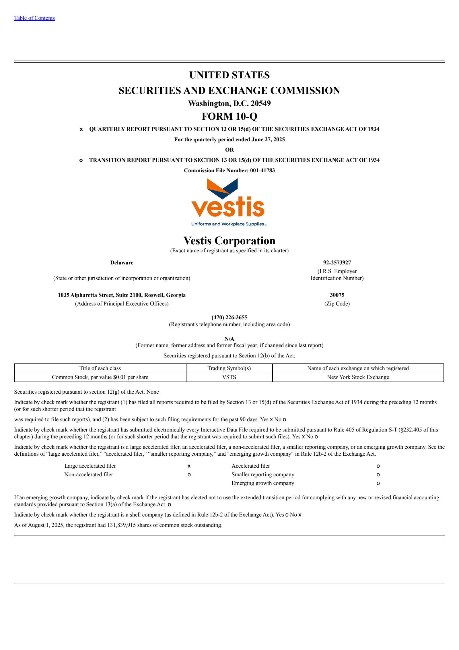 Vestis' Q3 2025 Quarterly report