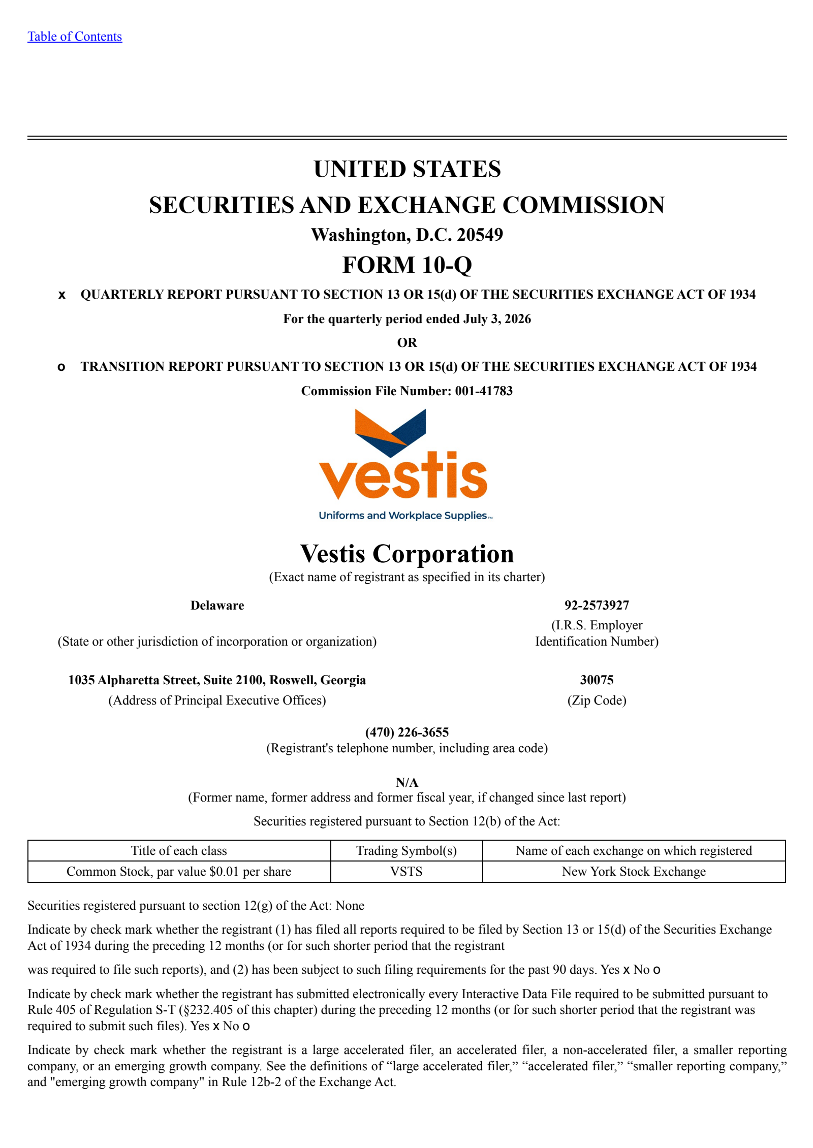 Vestis' Q3 2026 Quarterly report