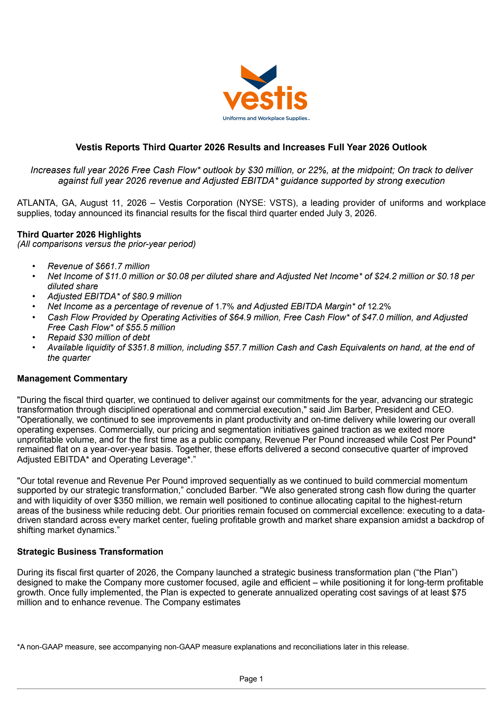 Vestis' Q3 2026 Press Release