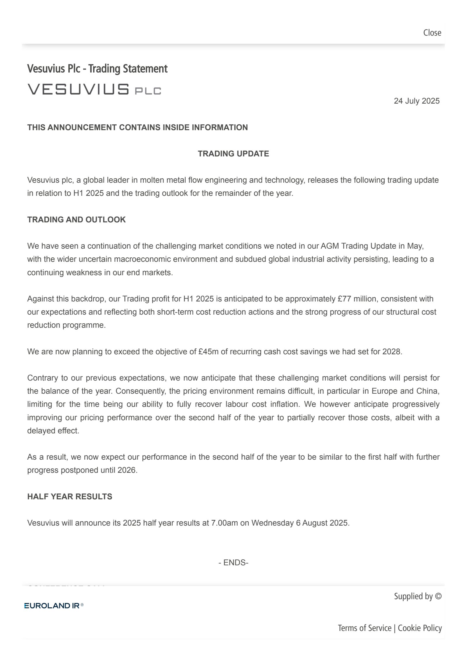 Vesuvius' H1 2025 TU Press Release