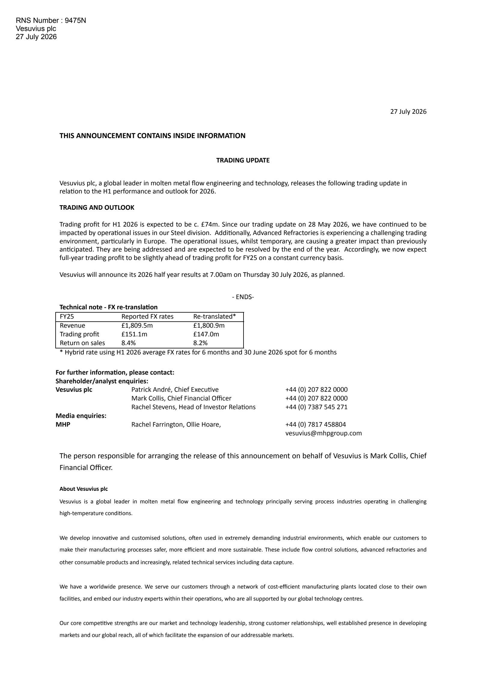 Vesuvius' Q2 2026 TU Press Release