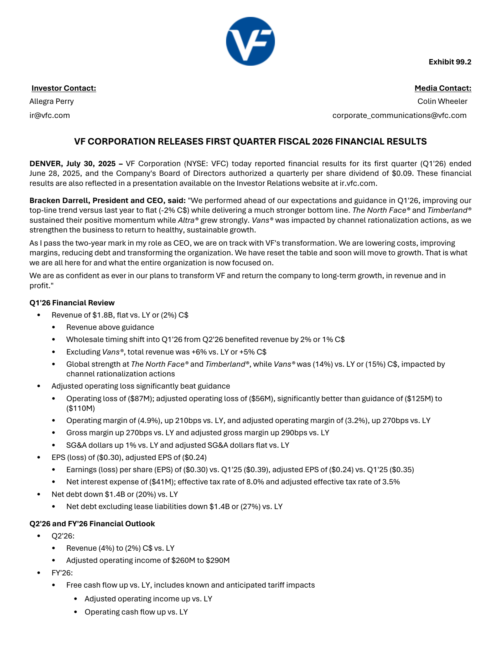 V.F.'s Q1 2026 Press Release