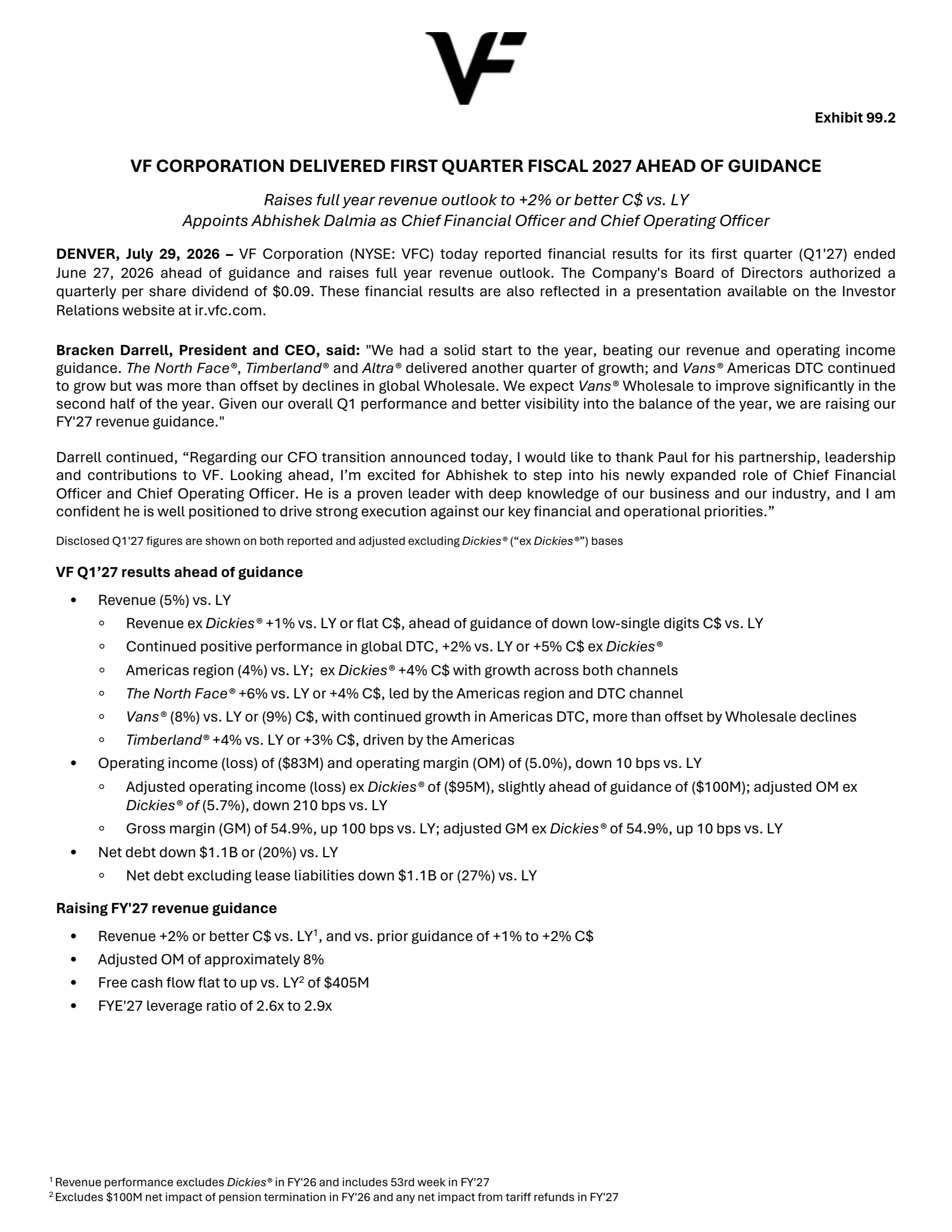 V.F.'s Q1 2027 Press Release