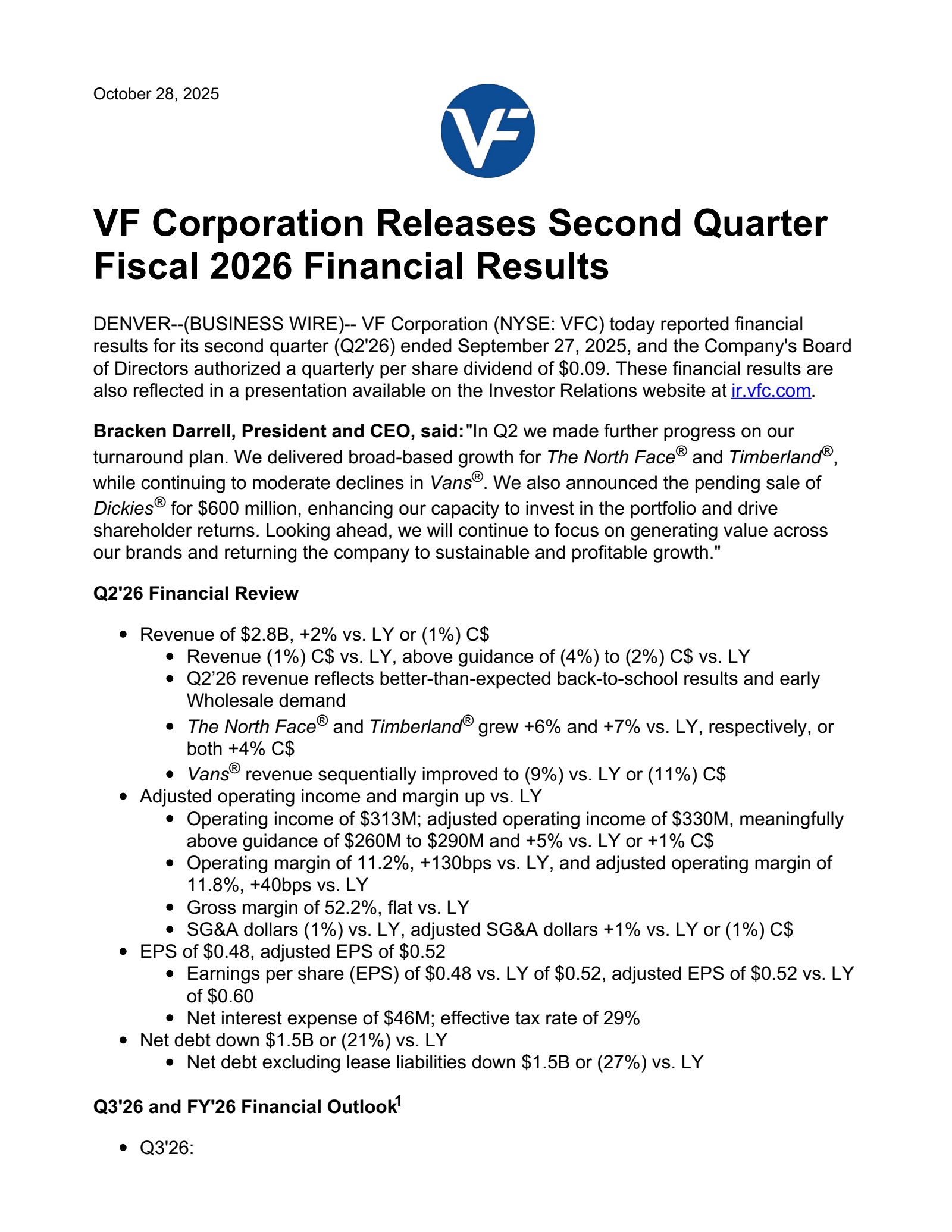 V.F.'s Q2 2026 Earnings Release