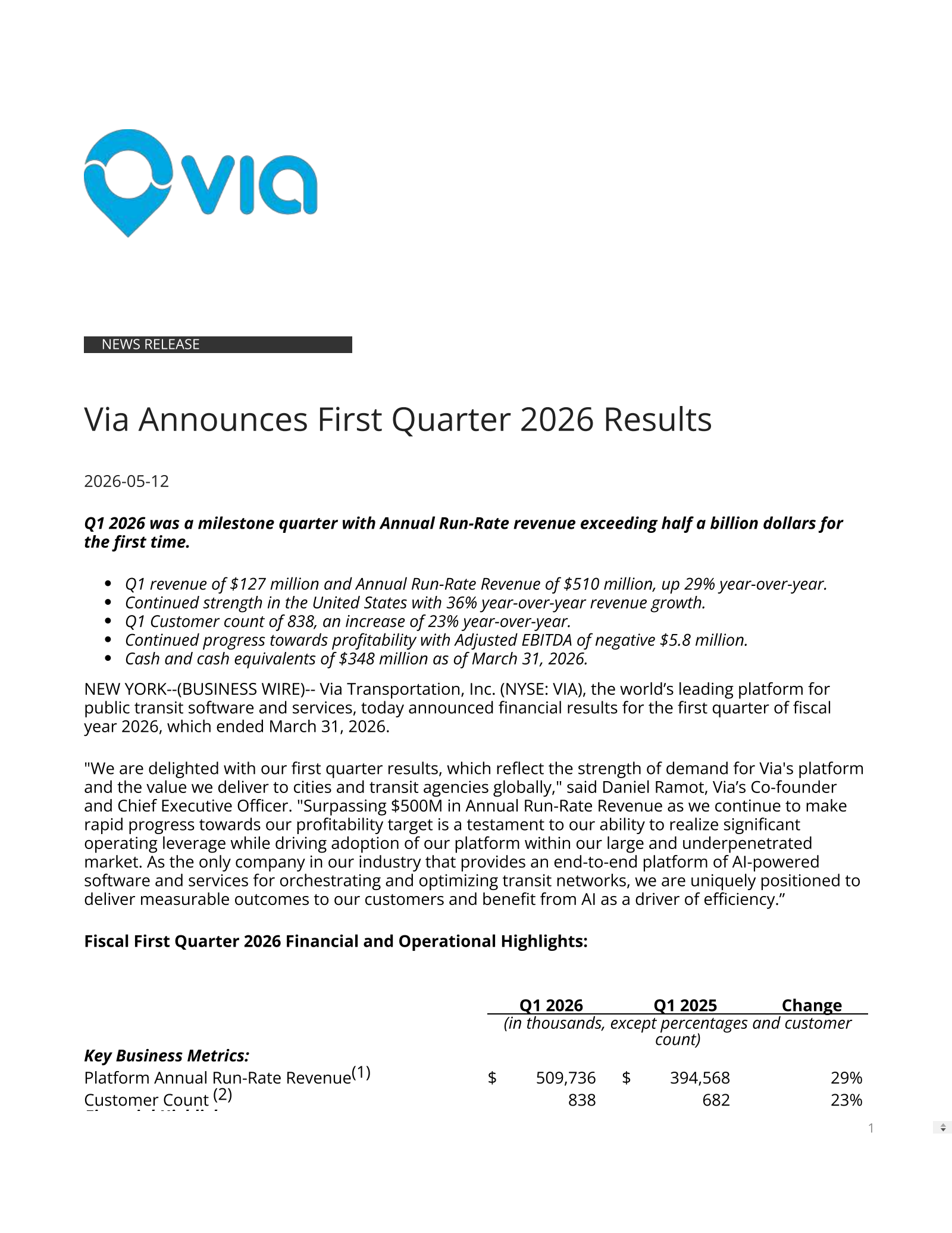 Via Transportation's Q1 2026 Press Release