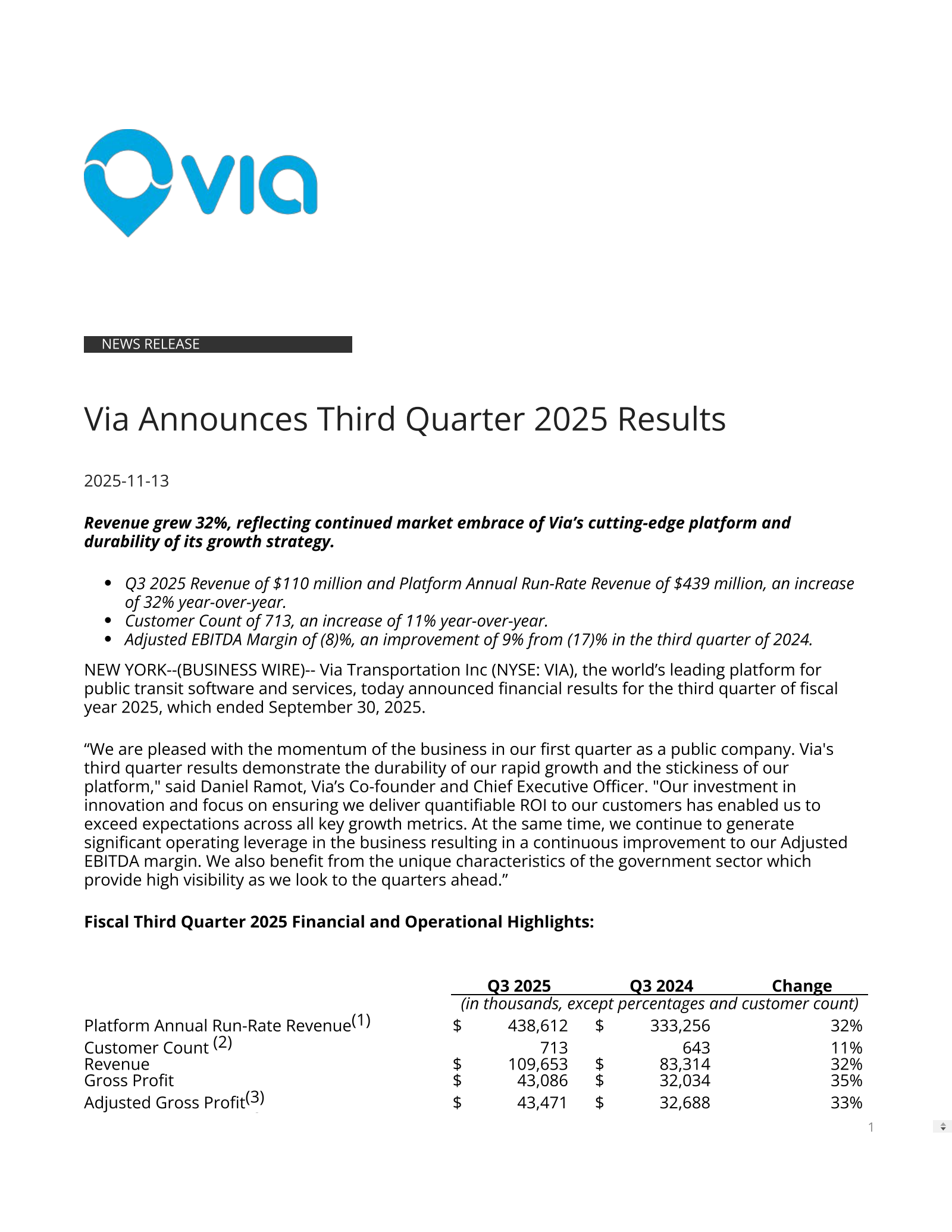 Via Transportation's Q3 2025 Earnings Release