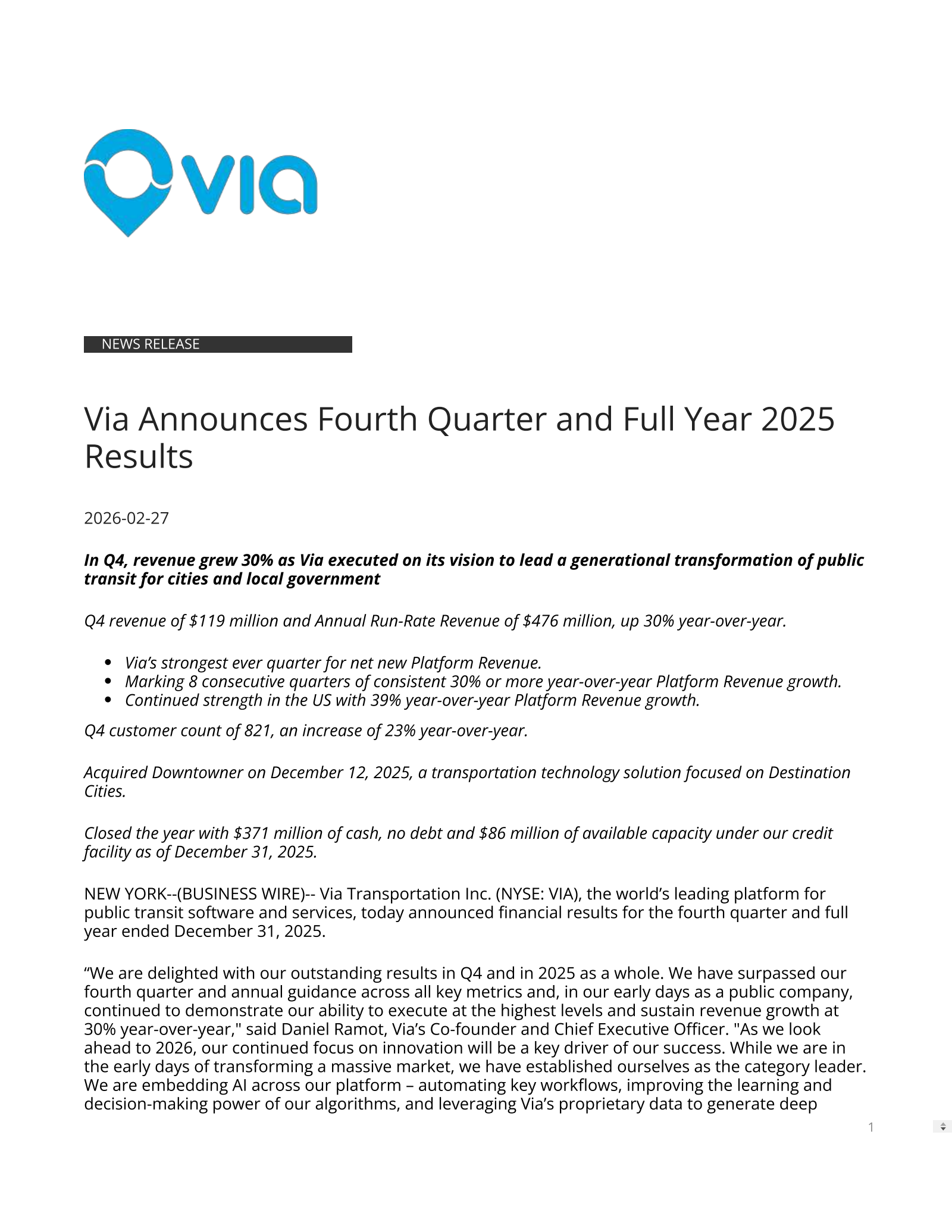 Via Transportation's Q4 2025 Press Release