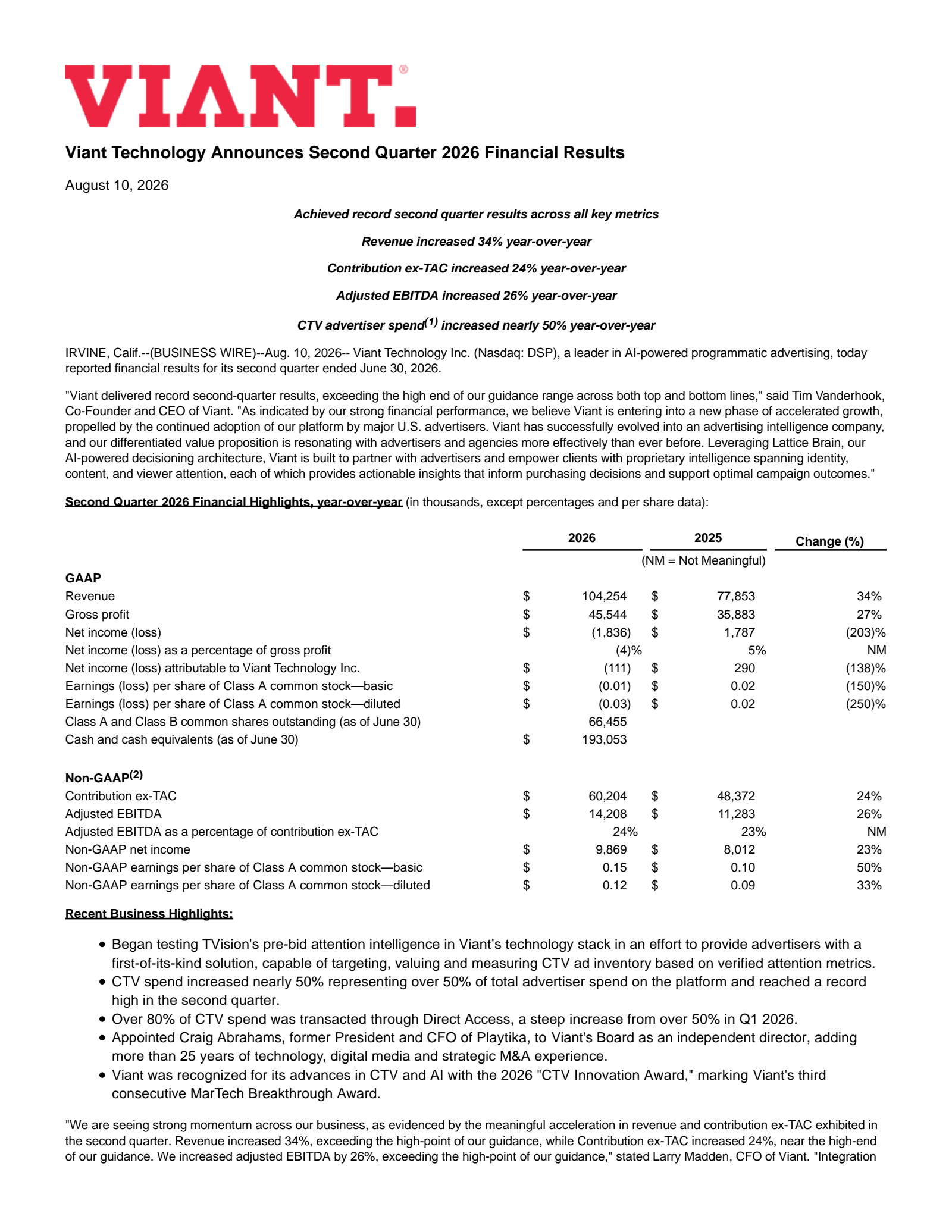 Viant Technology's Q2 2026 Press Release