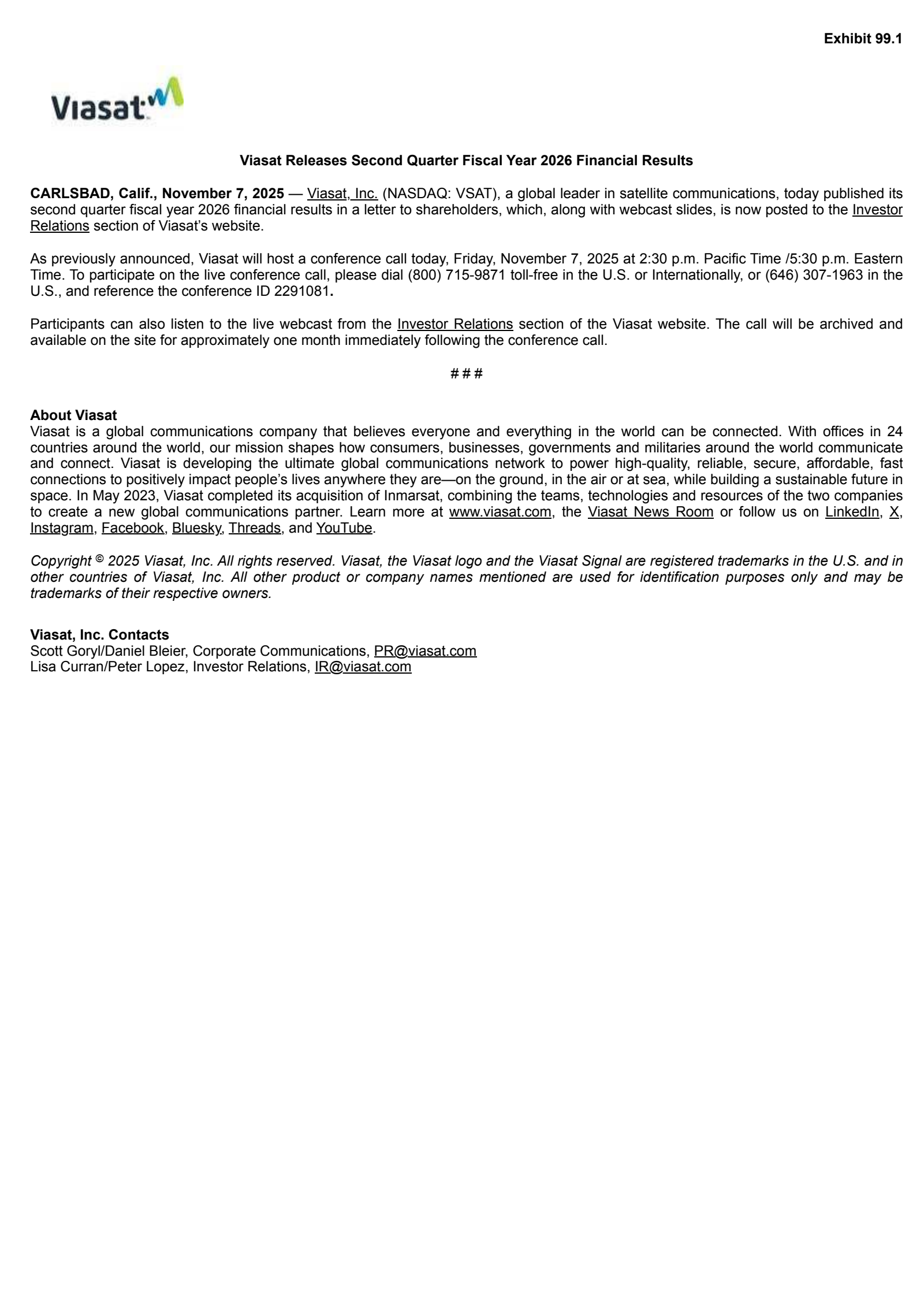 Viasat's Q2 2026 Earnings Release