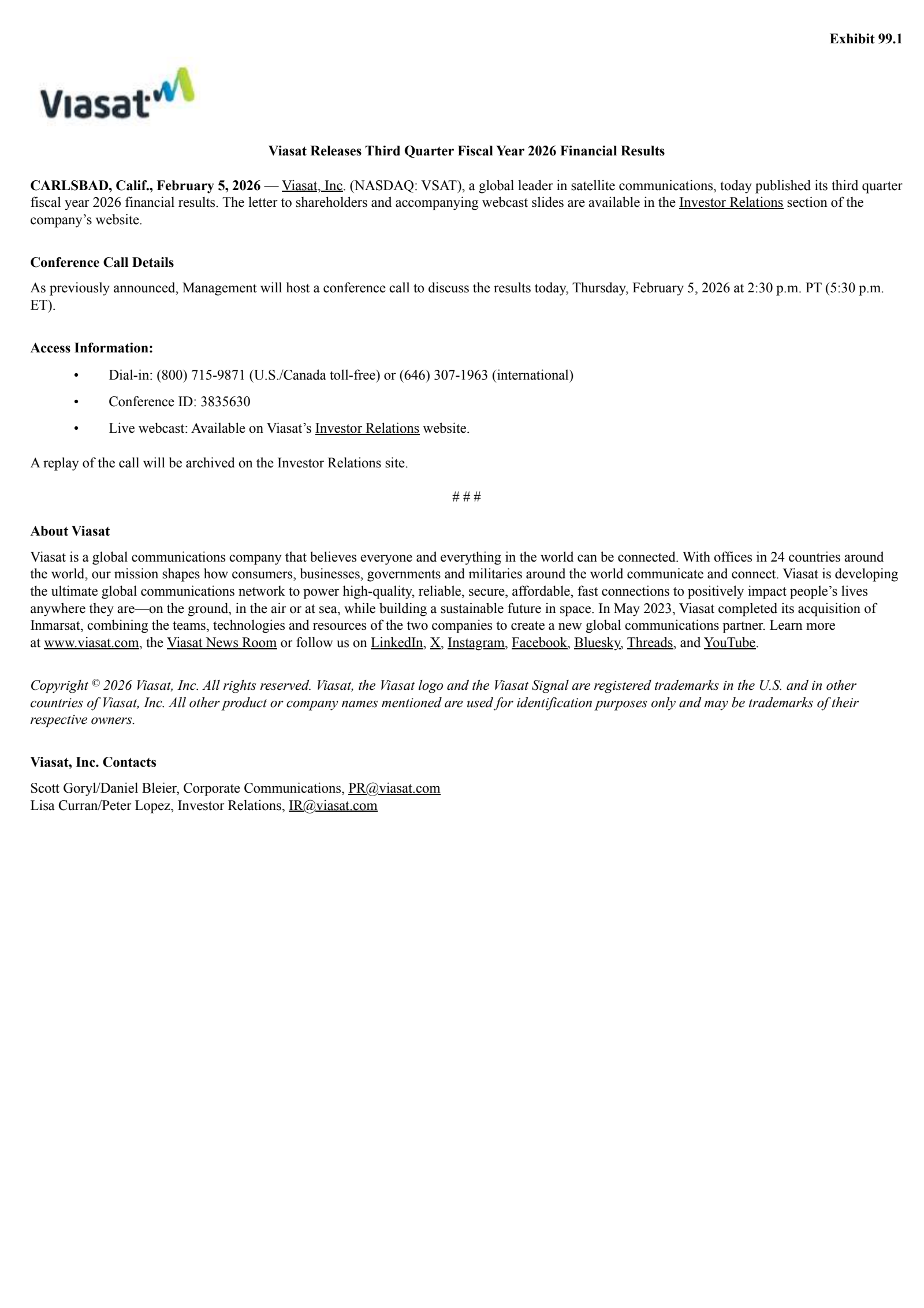 Viasat's Q3 2026 Press Release