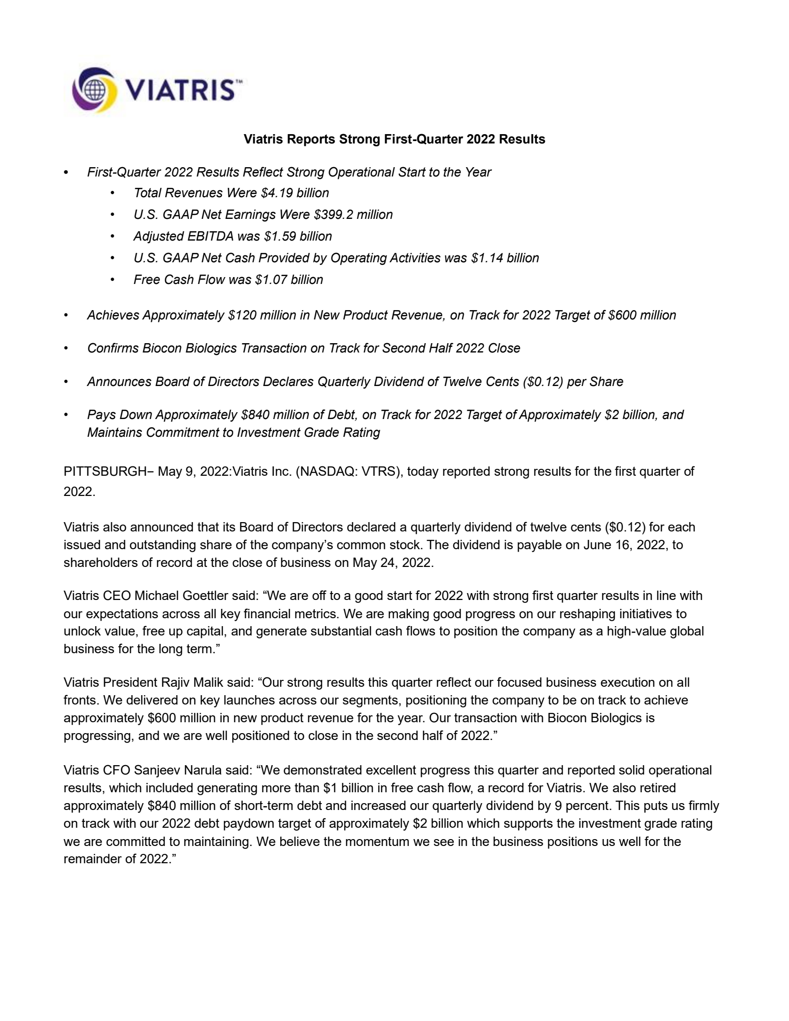 Viatris' Q1 2022 Earnings Release