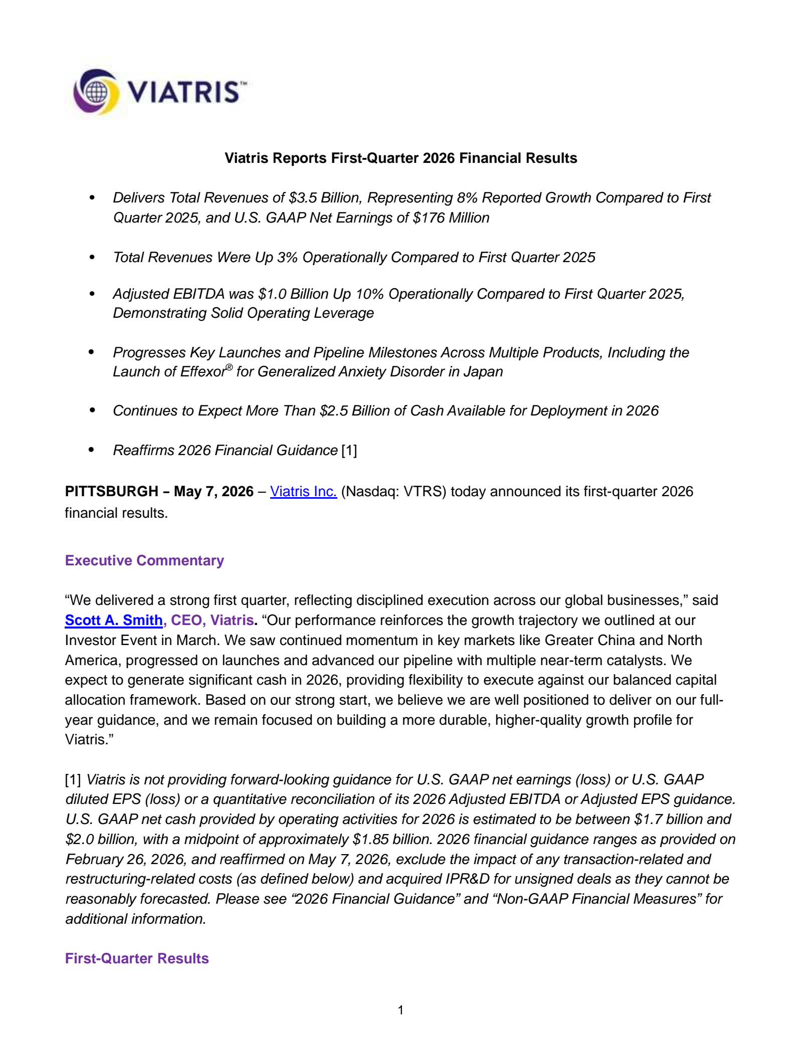 Viatris' Q1 2026 Press Release