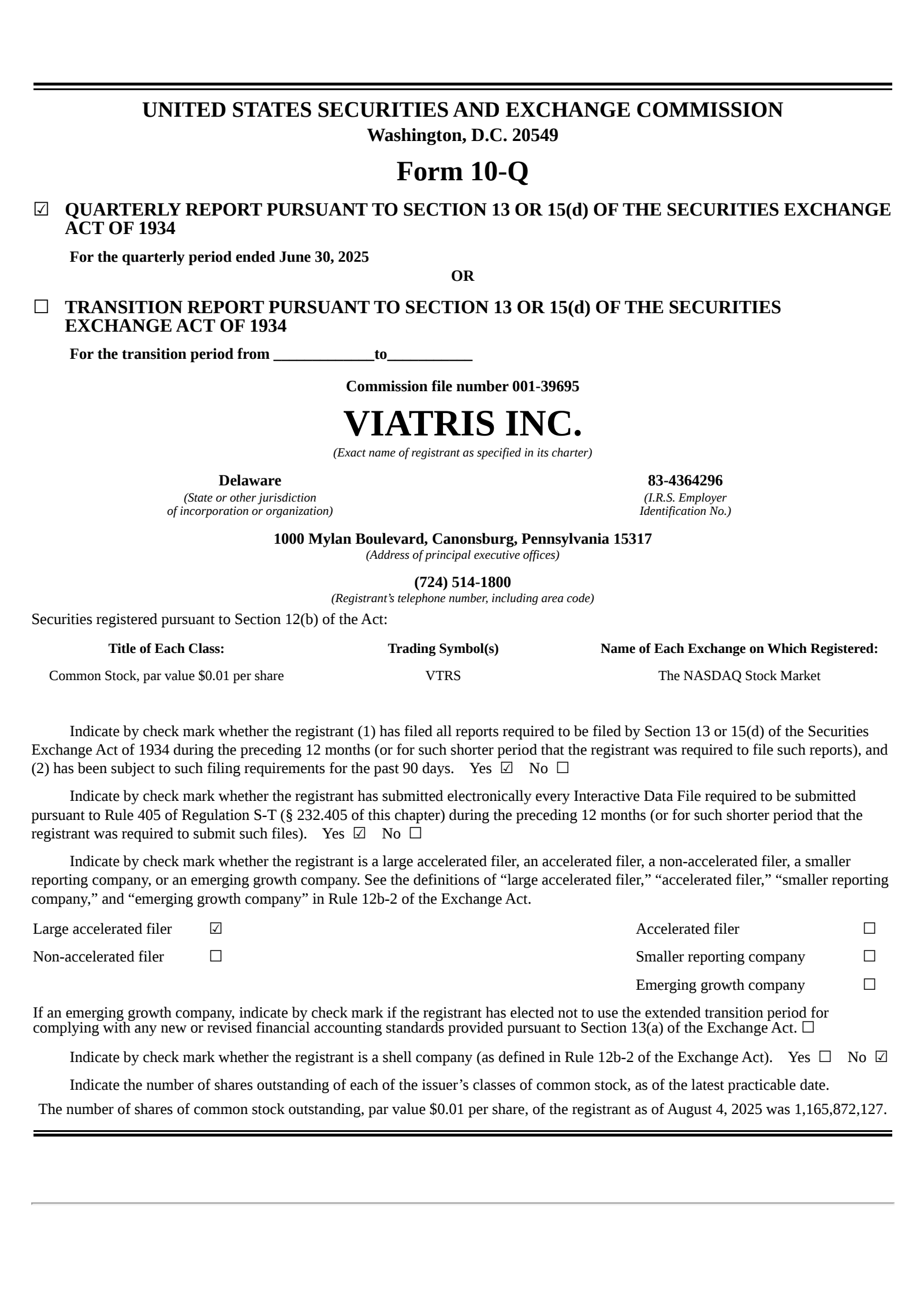 Viatris' Q2 2025 Quarterly report