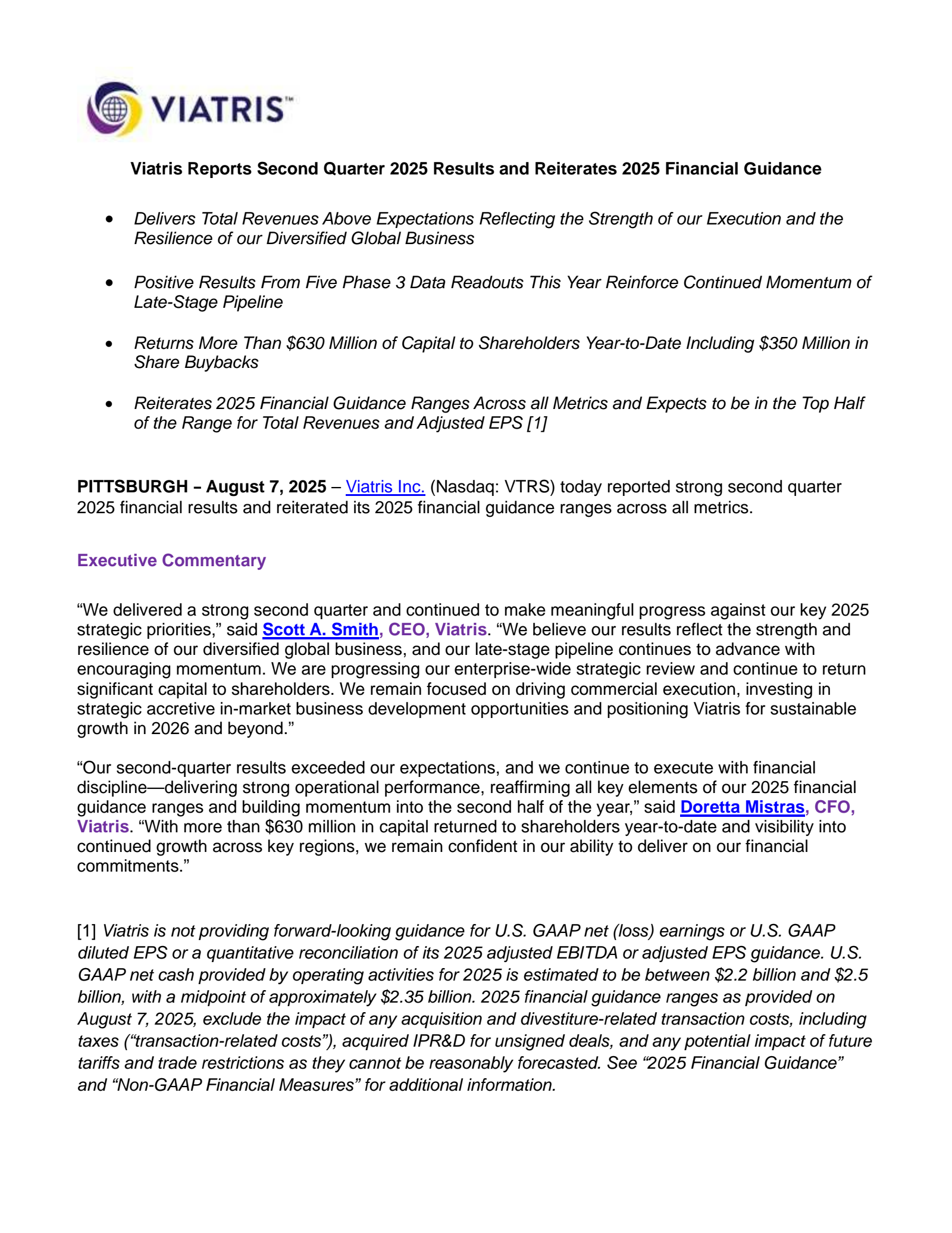 Viatris' Q2 2025 Press Release