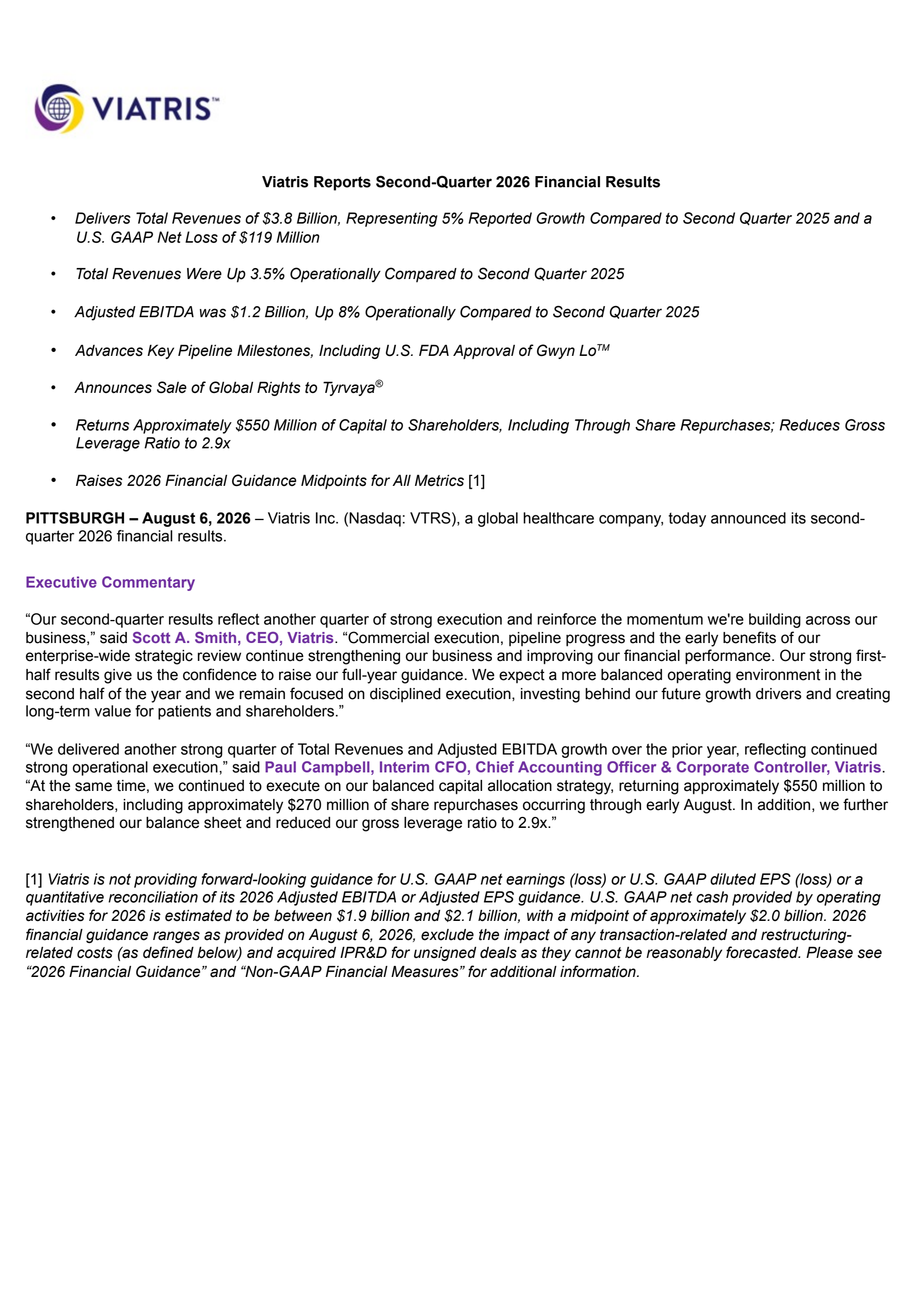 Viatris' Q2 2026 Press Release