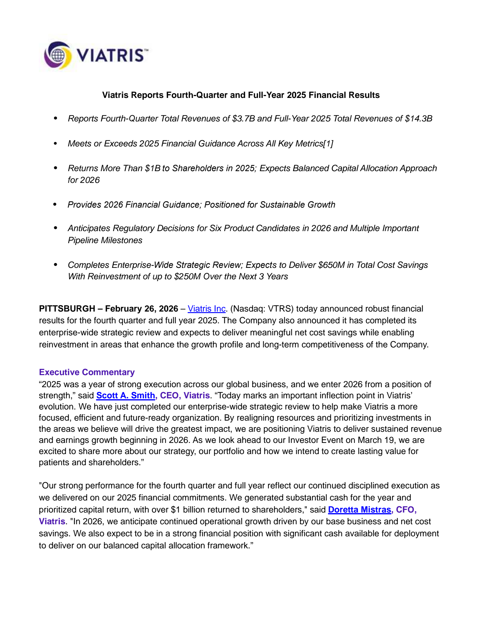 Viatris' Q4 2025 Press Release