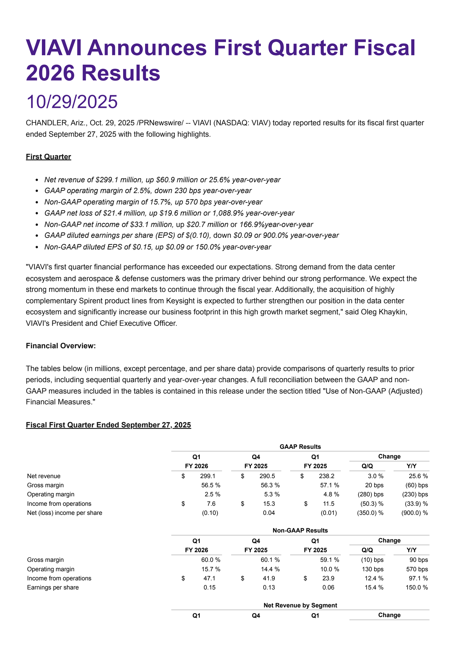 Viavi Solutions' Q1 2026 Earnings Release