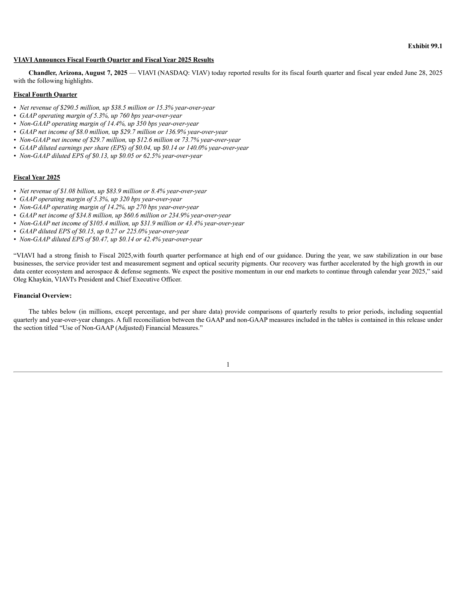 Viavi Solutions' Q4 2025 Press Release
