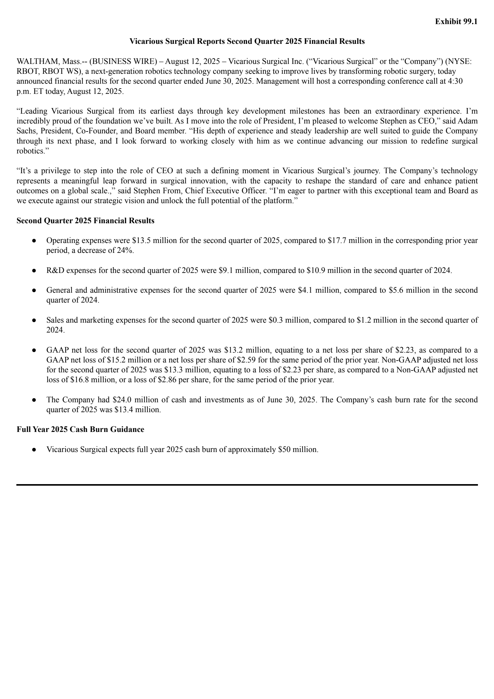 Vicarious Surgical's Q2 2025 Press Release