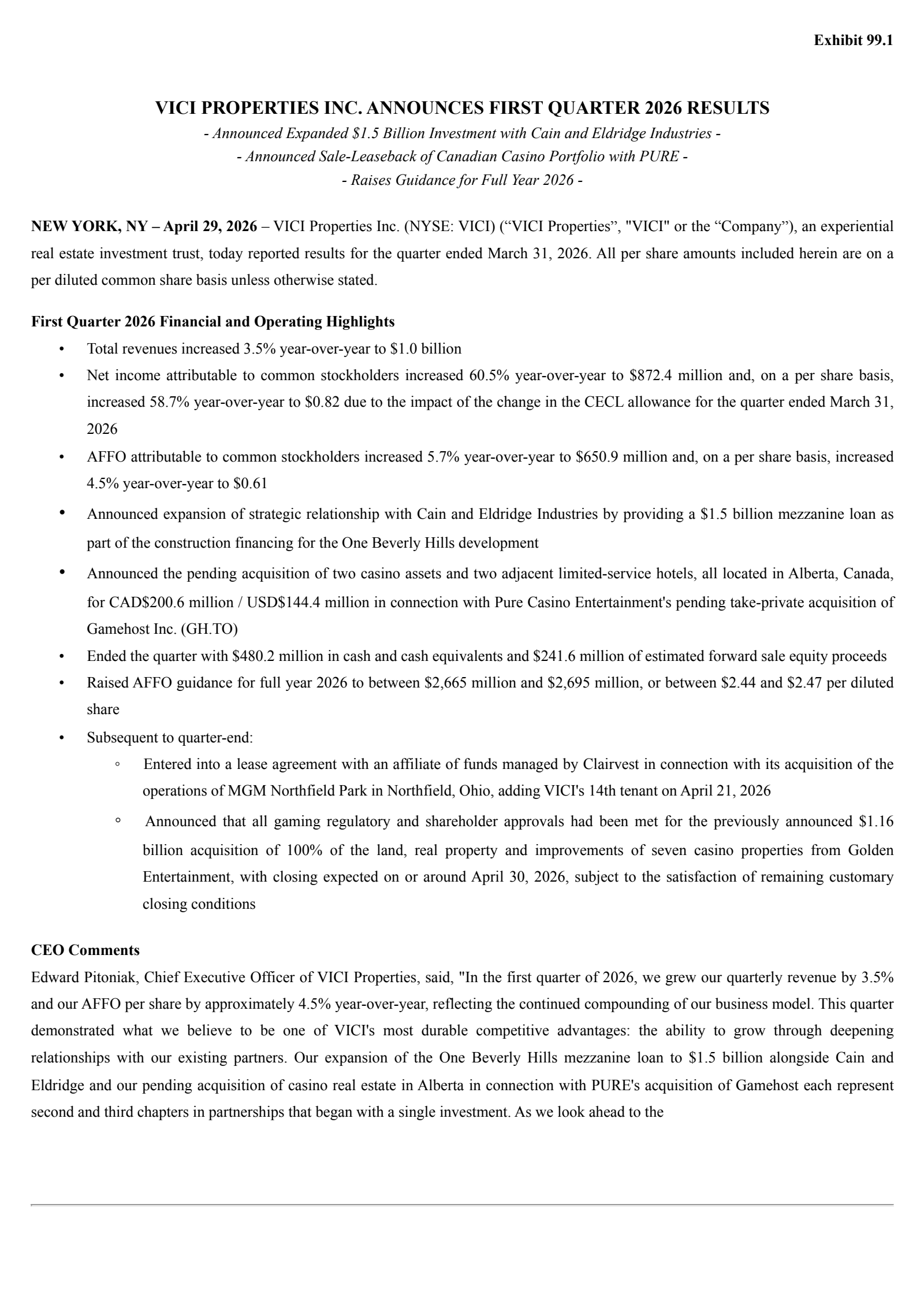 VICI Properties' Q1 2026 Press Release