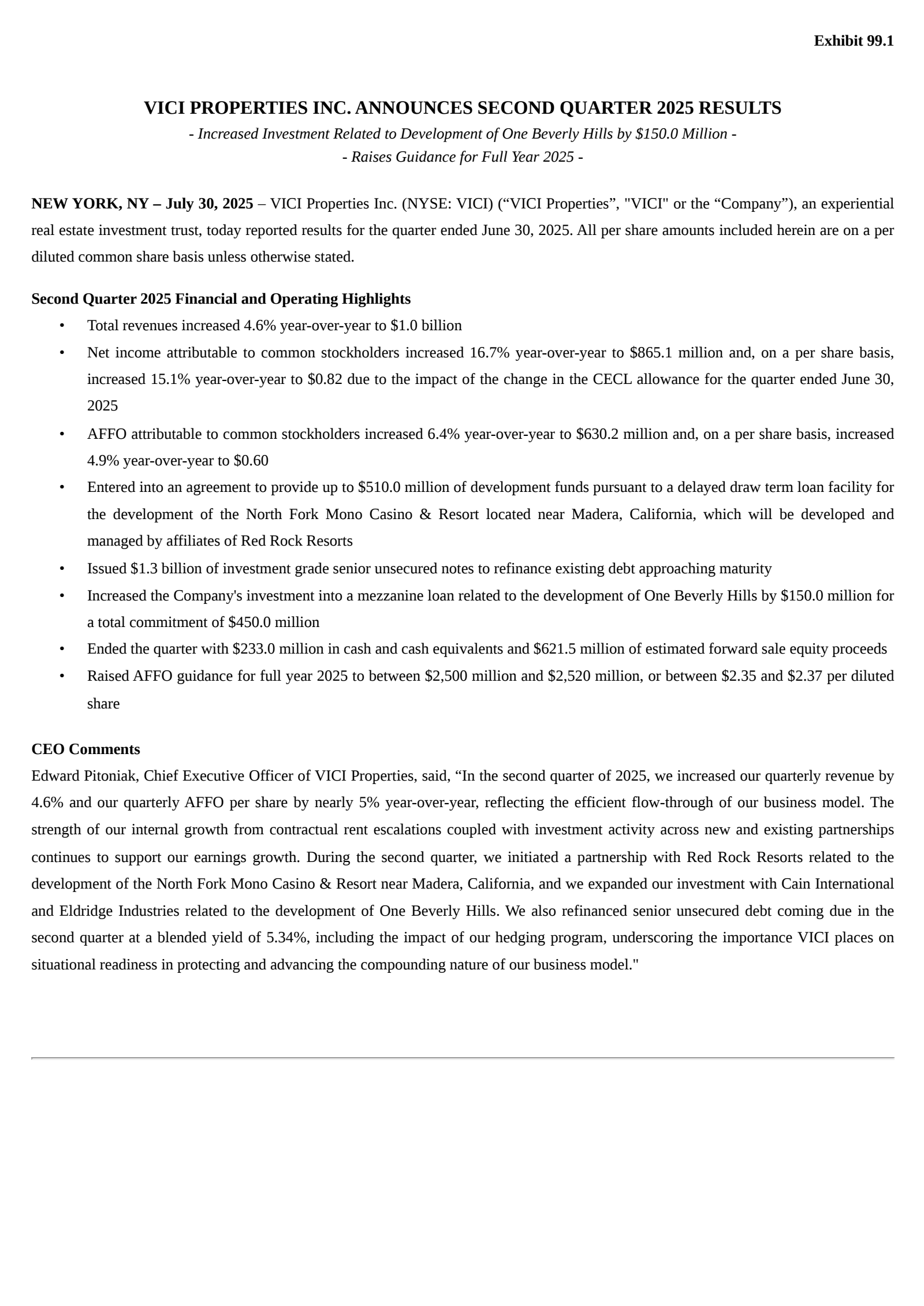 VICI Properties' Q2 2025 Press Release