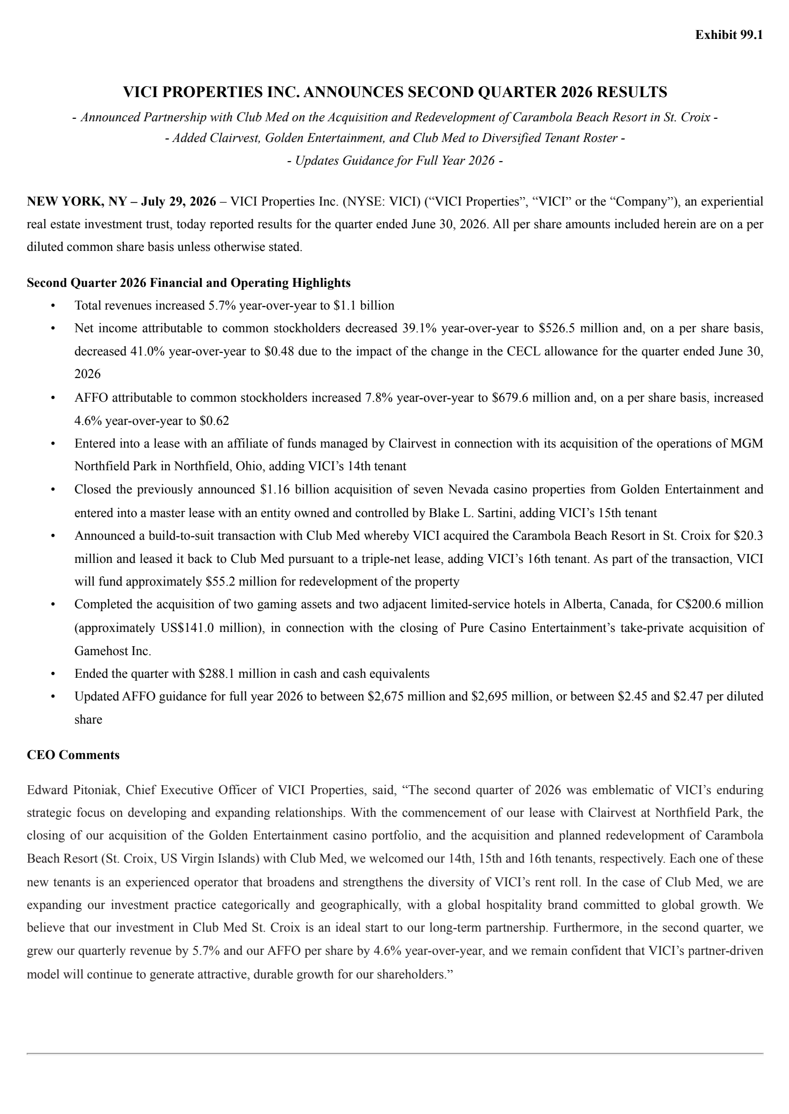 VICI Properties' Q2 2026 Press Release