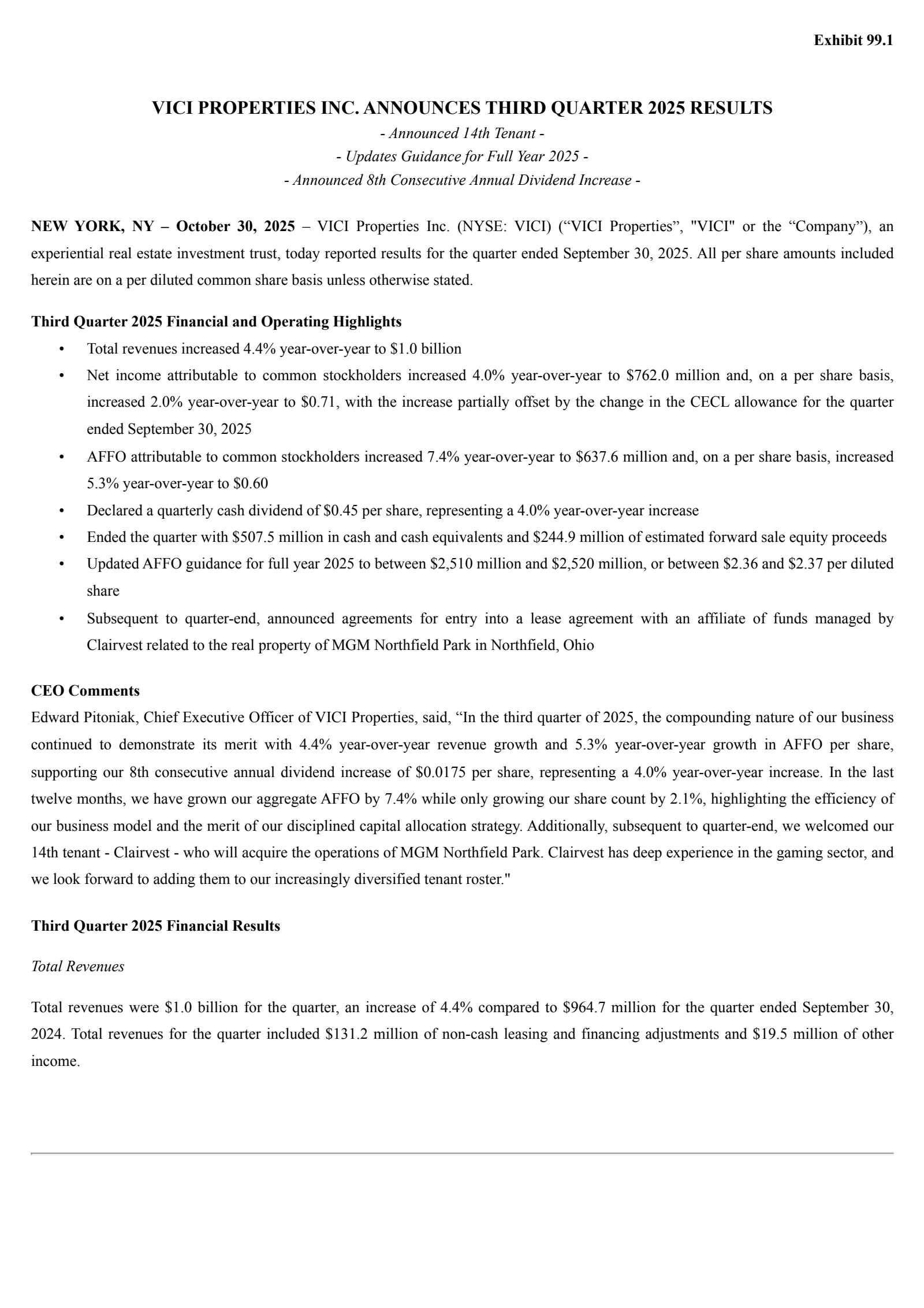 VICI Properties' Q3 2025 Earnings Release