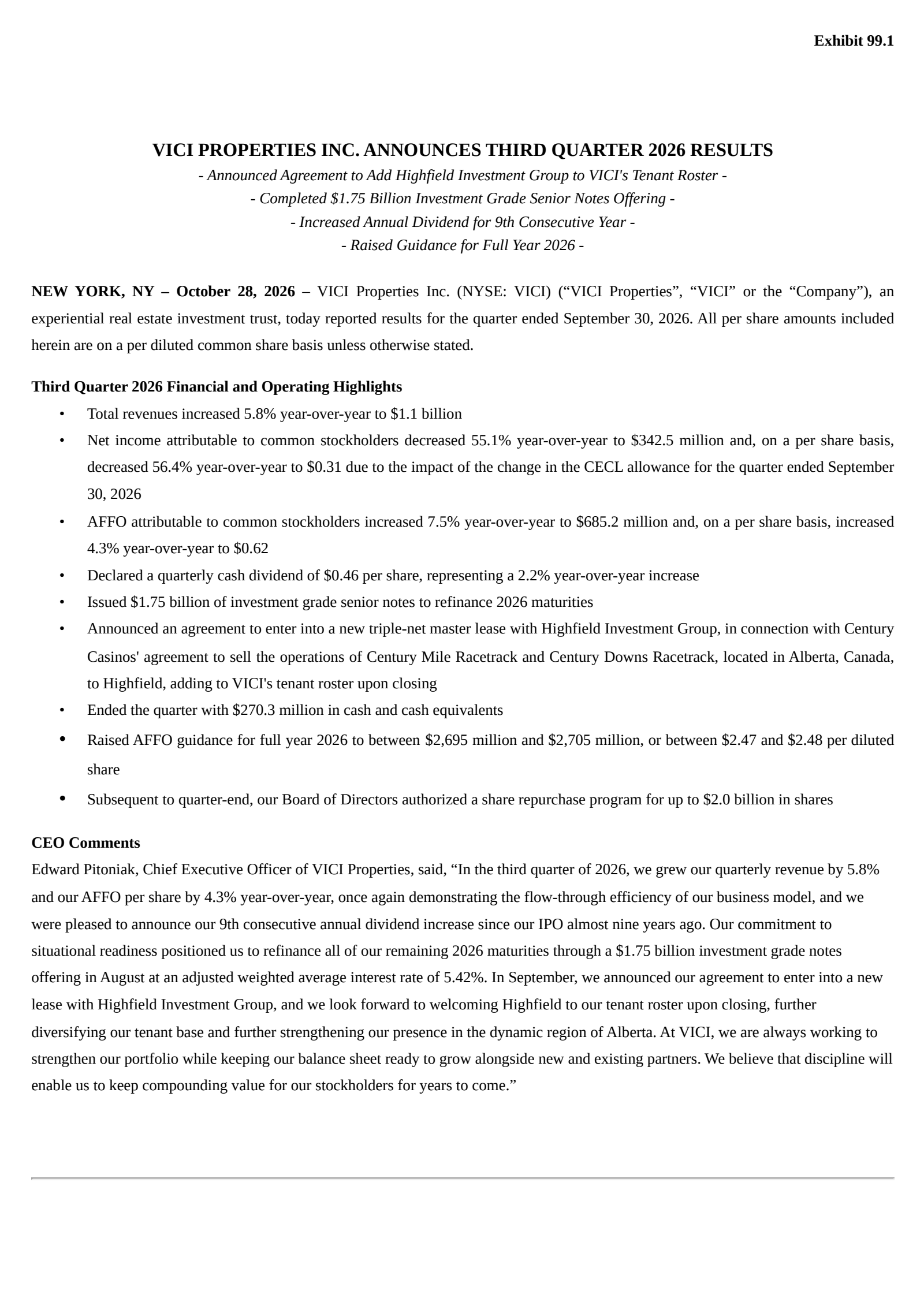 VICI Properties' Q3 2026 Press Release