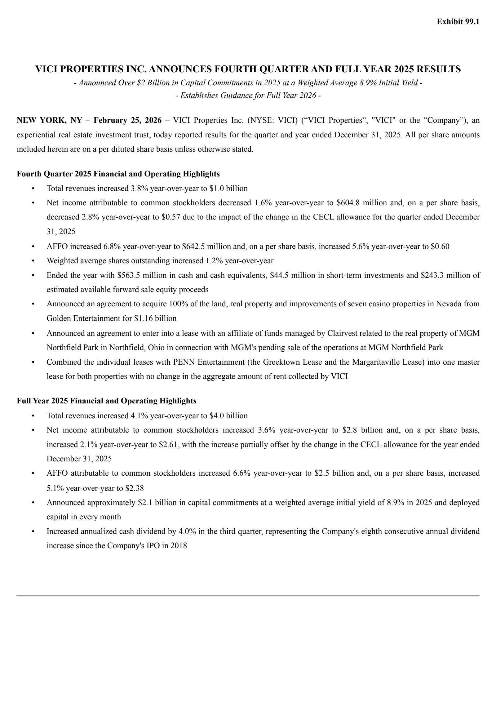 VICI Properties' Q4 2025 Press Release