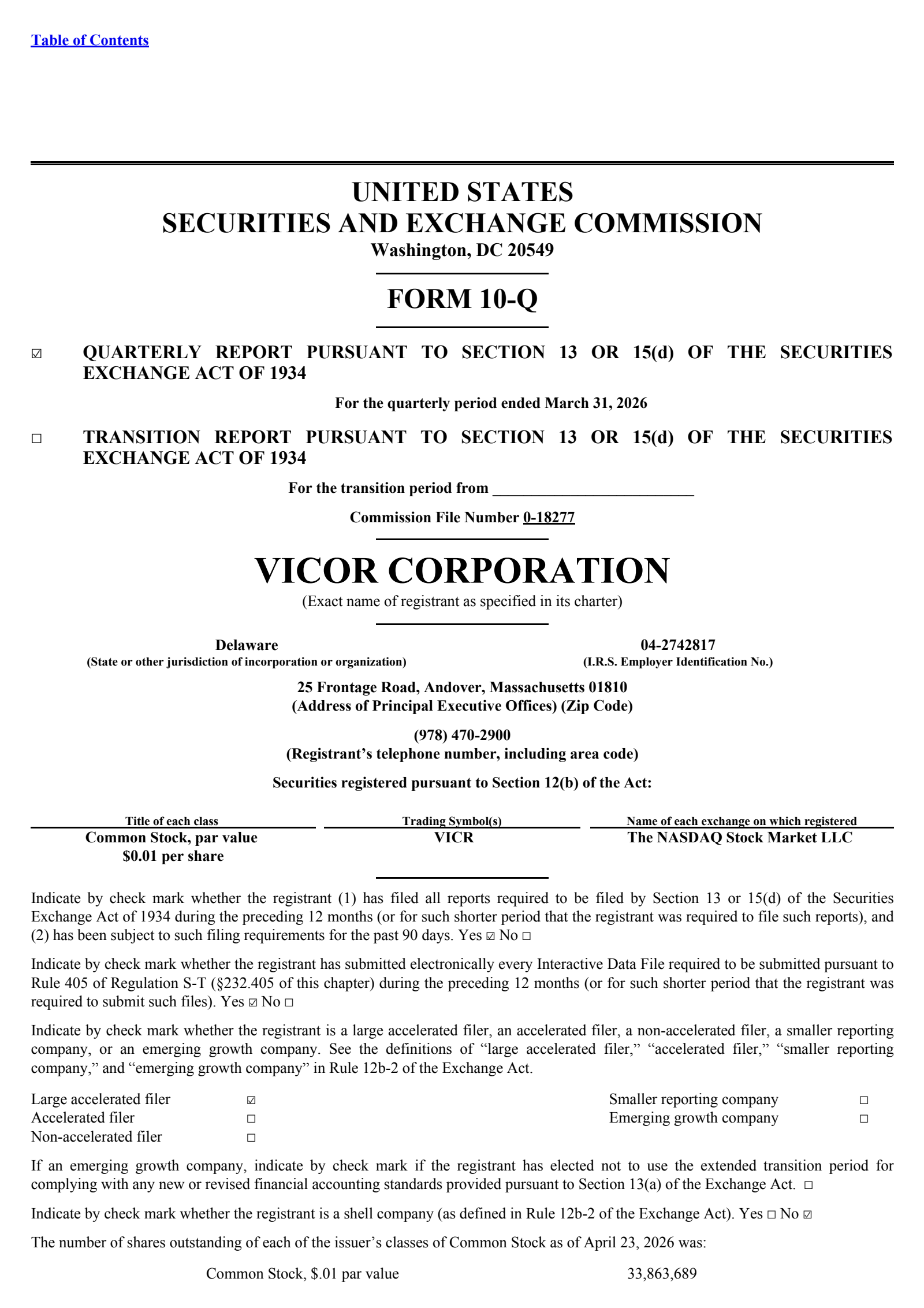 Vicor's Q1 2026 Quarterly report