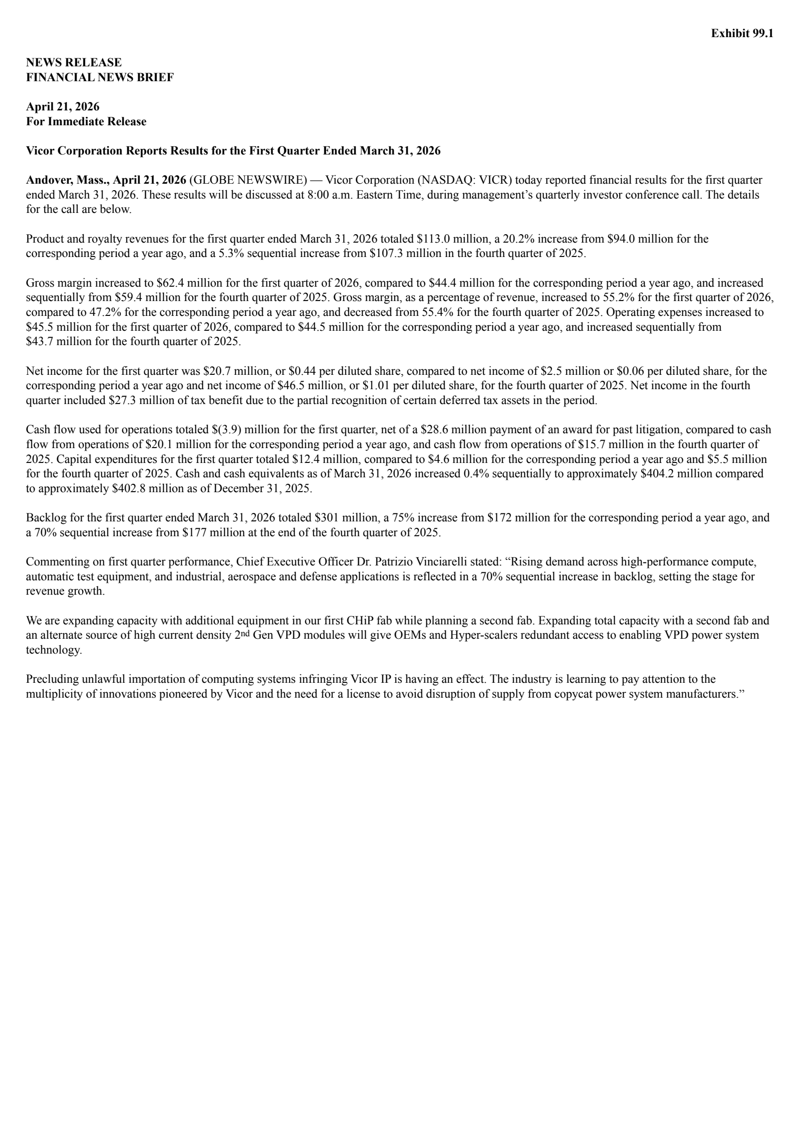 Vicor's Q1 2026 Press Release