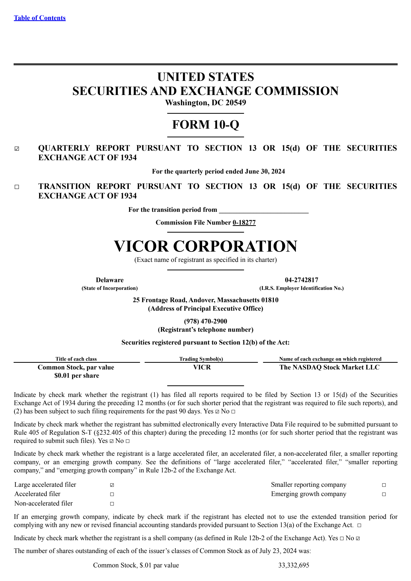 Vicor's Q2 2024 Quarterly report