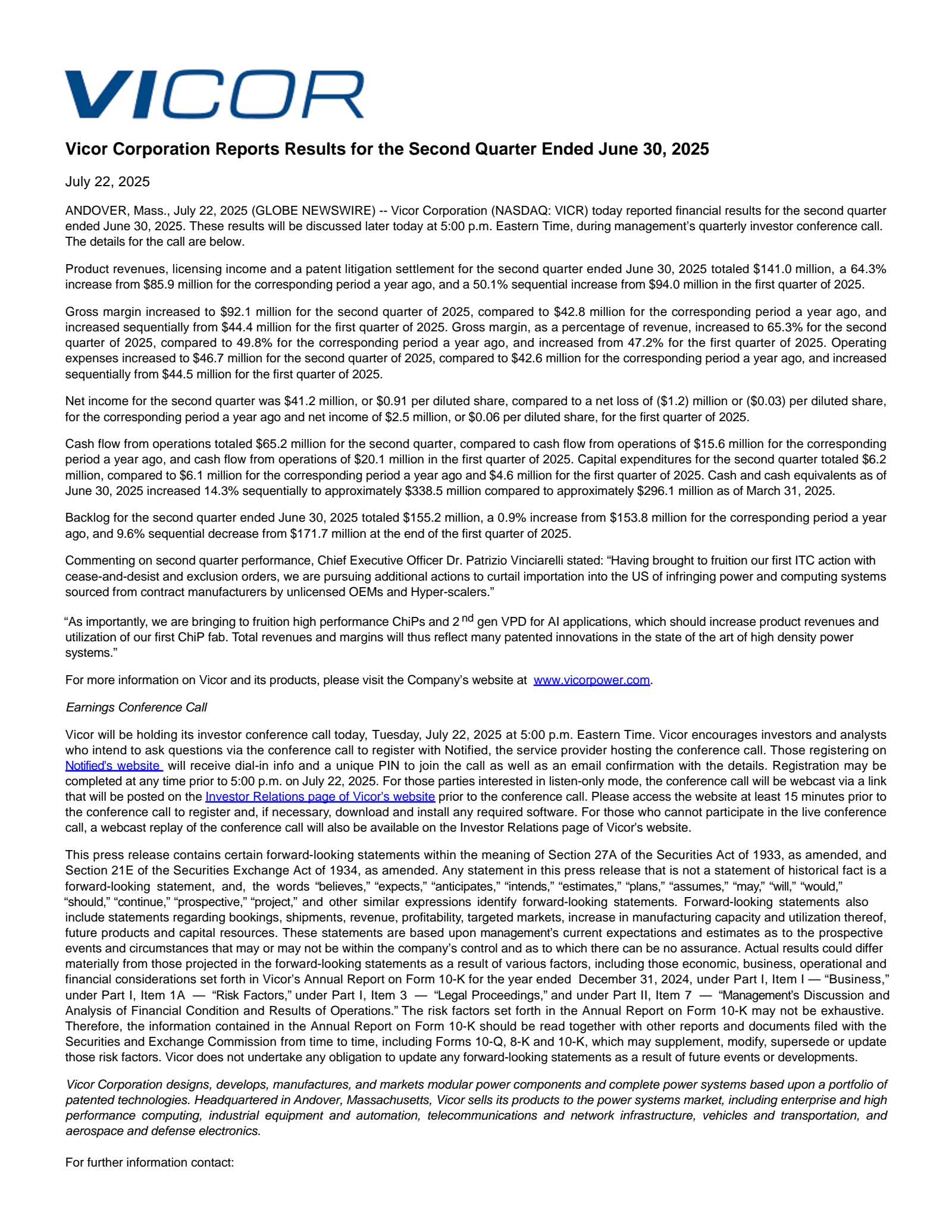 Vicor's Q2 2025 Press Release