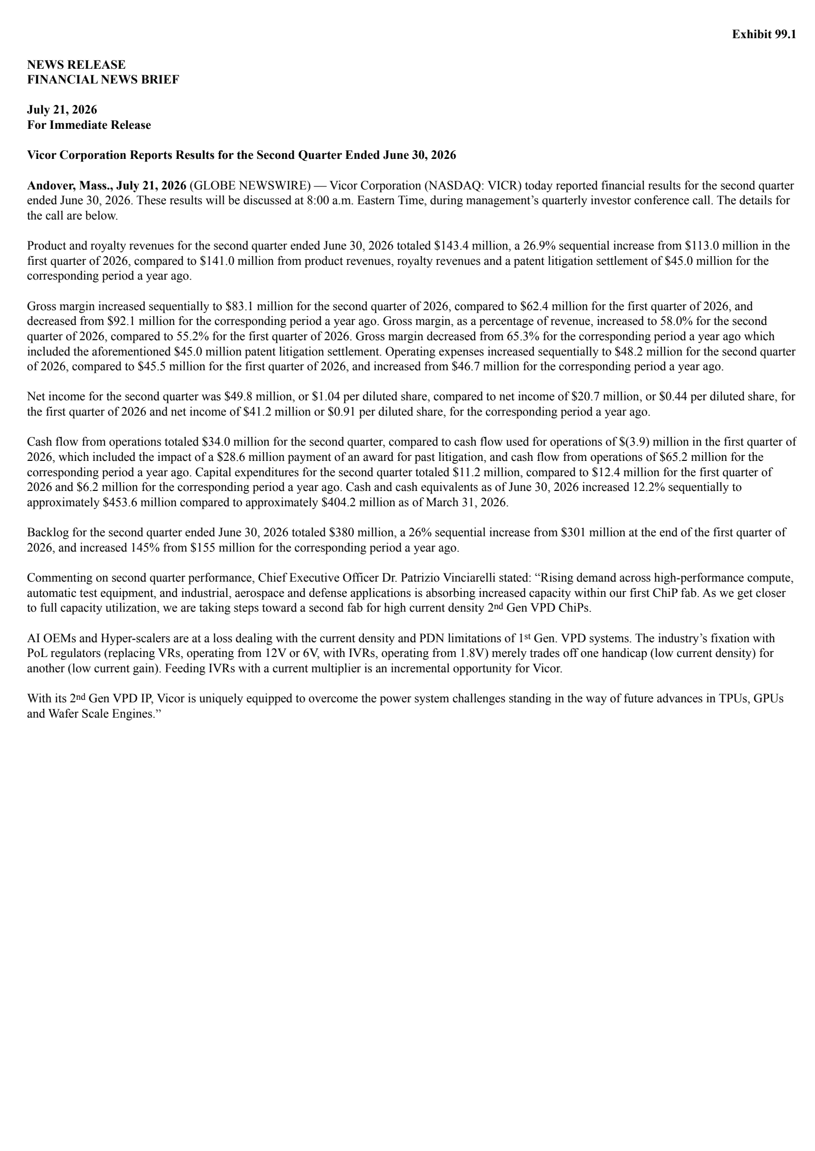 Vicor's Q2 2026 Press Release