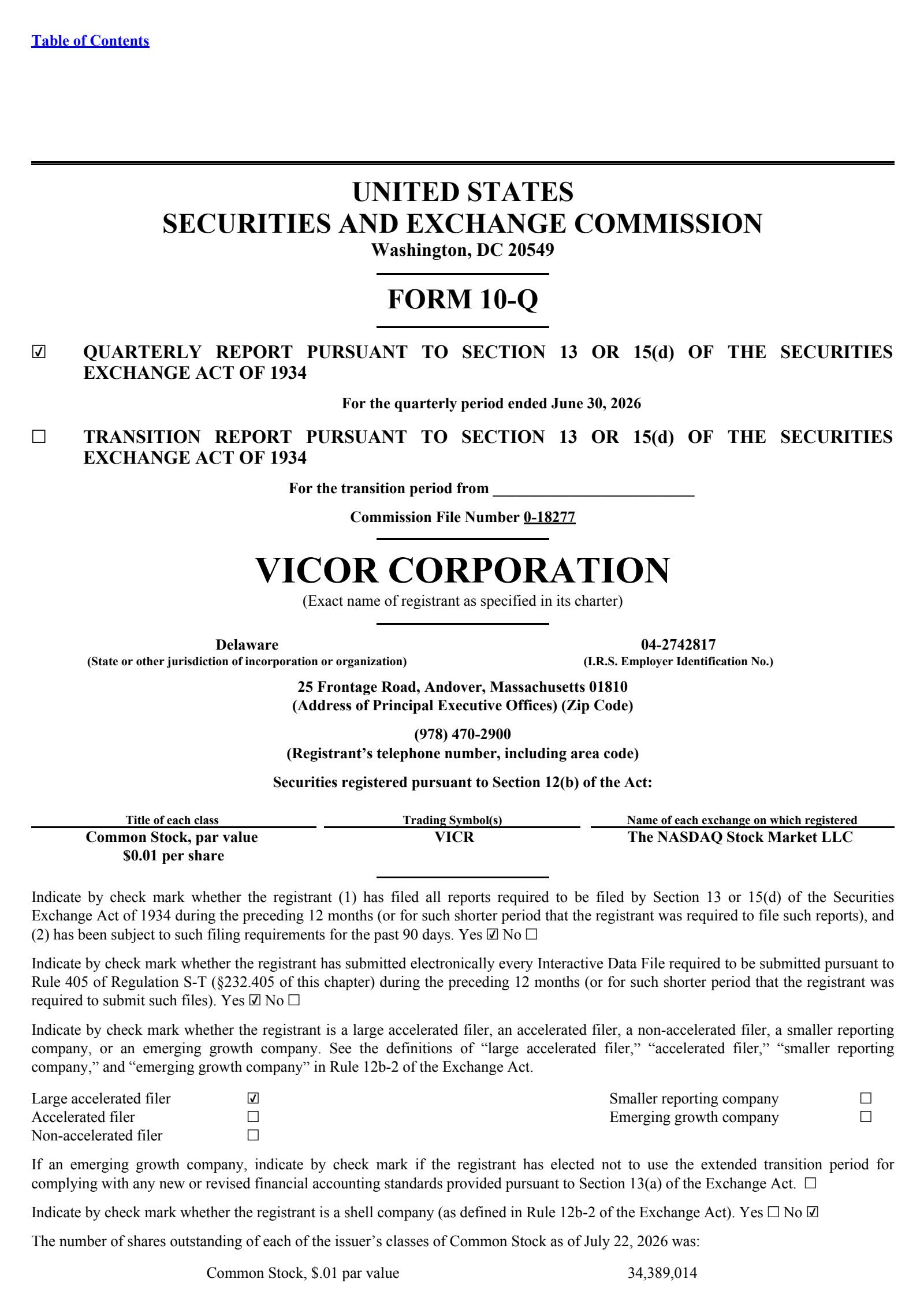 Vicor's Q2 2026 Quarterly report