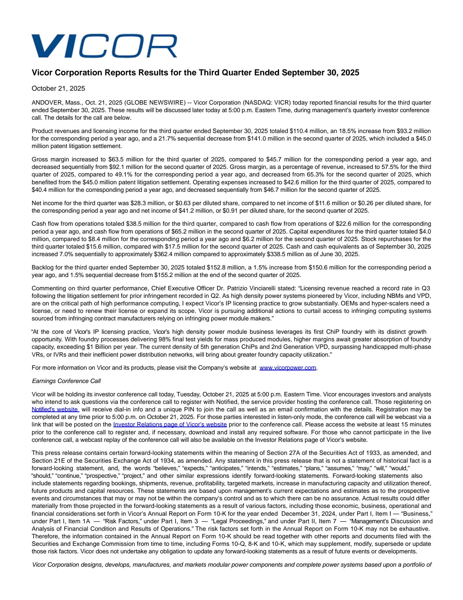 Vicor's Q3 2025 Earnings Release