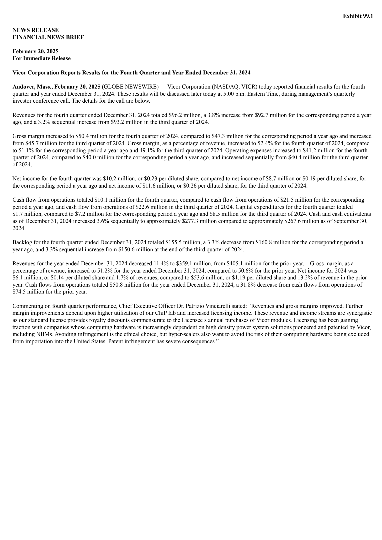 Vicor's Q4 2024 Press Release