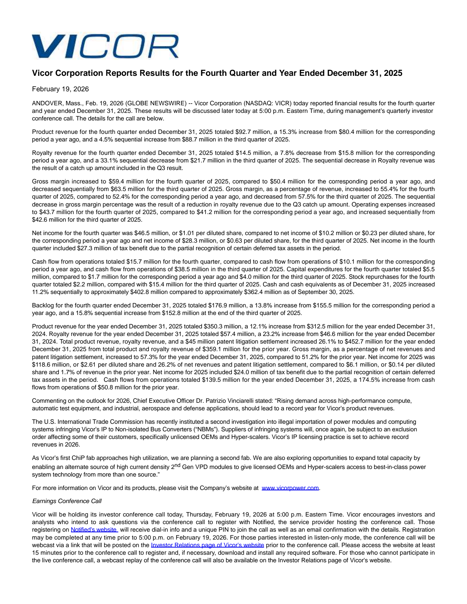 Vicor's Q4 2025 Press Release
