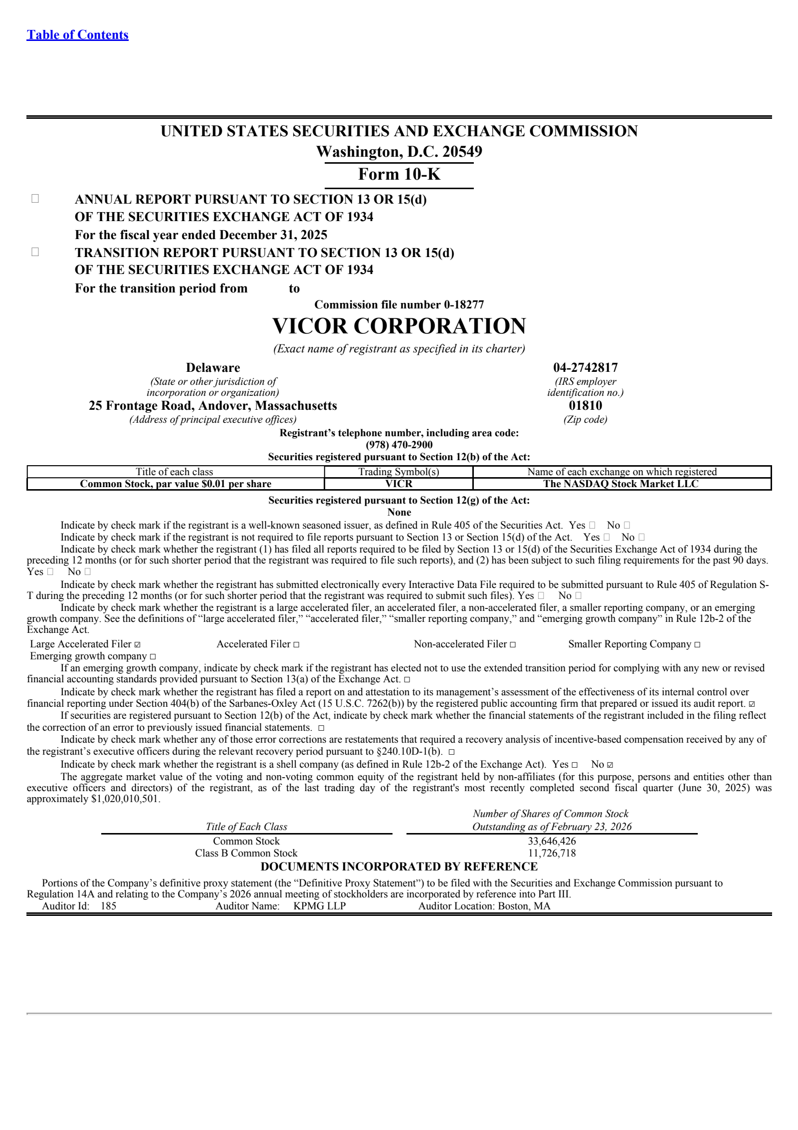 Vicor's Q4 2025 Annual report